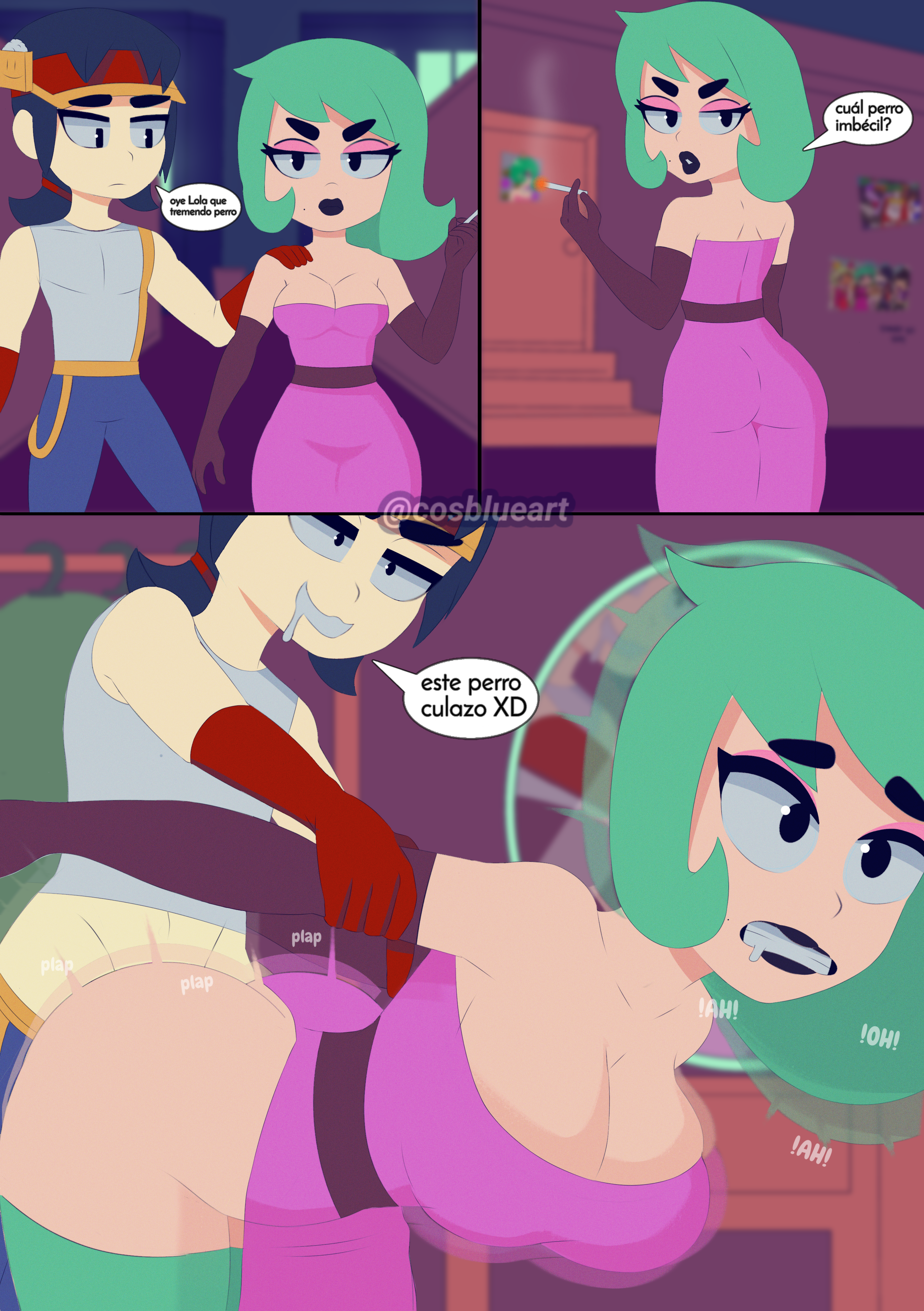 1boy, 1girls, ass, brawl stars, breasts, chinese, clothed sex, cosblueart, fang (brawl stars), female, fucking, green hair, lola (brawl stars), male, purple hair, spanish text, supercell, text