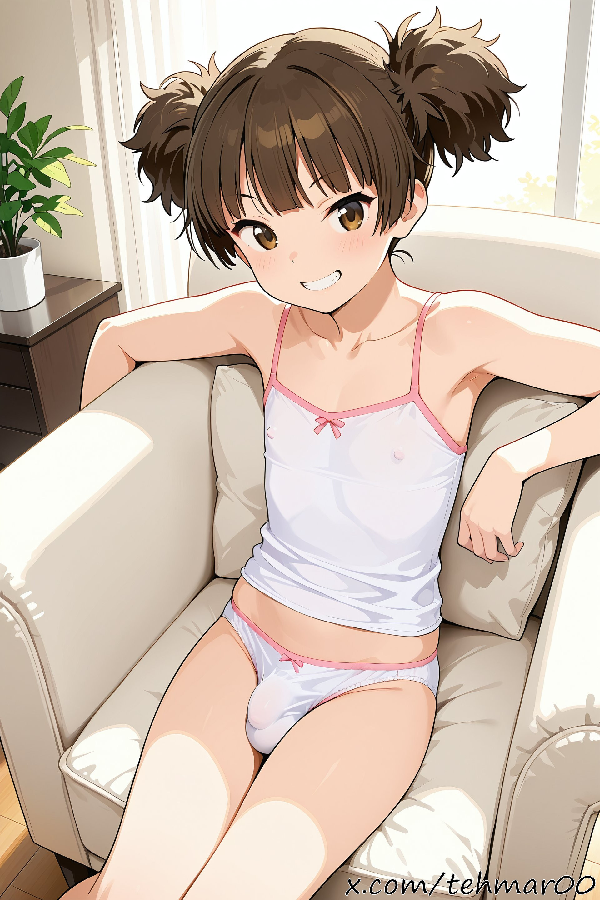 1boy, ai generated, armchair, brown eyes, brown hair, bulge, camisole, cosplay, femboy, flat chest, genderswap (ftm), indoors, jun suzuki (k-on!), k-on!, looking at viewer, male, panties, rule 63, see-through clothing, short twintails, smile, solo, tagme, tehmar, trans woman, transfem, trap