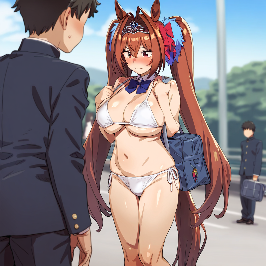 ai_generated animal_ears bikini breasts daiwa_scarlet_(umamusume) embarrassed female hips horse_girl humiliation public_exposure pussy red_eyes ribbon_in_hair tiara twintails umamusume umamusume_pretty_derby