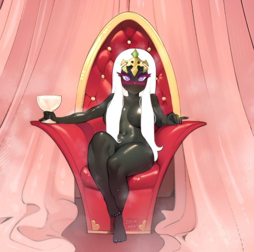 black_body duck_dodgers hair_covering_breasts long_hair looney_tunes luichemax nude nude_female queen_tyr'ahnee sitting throne white_hair