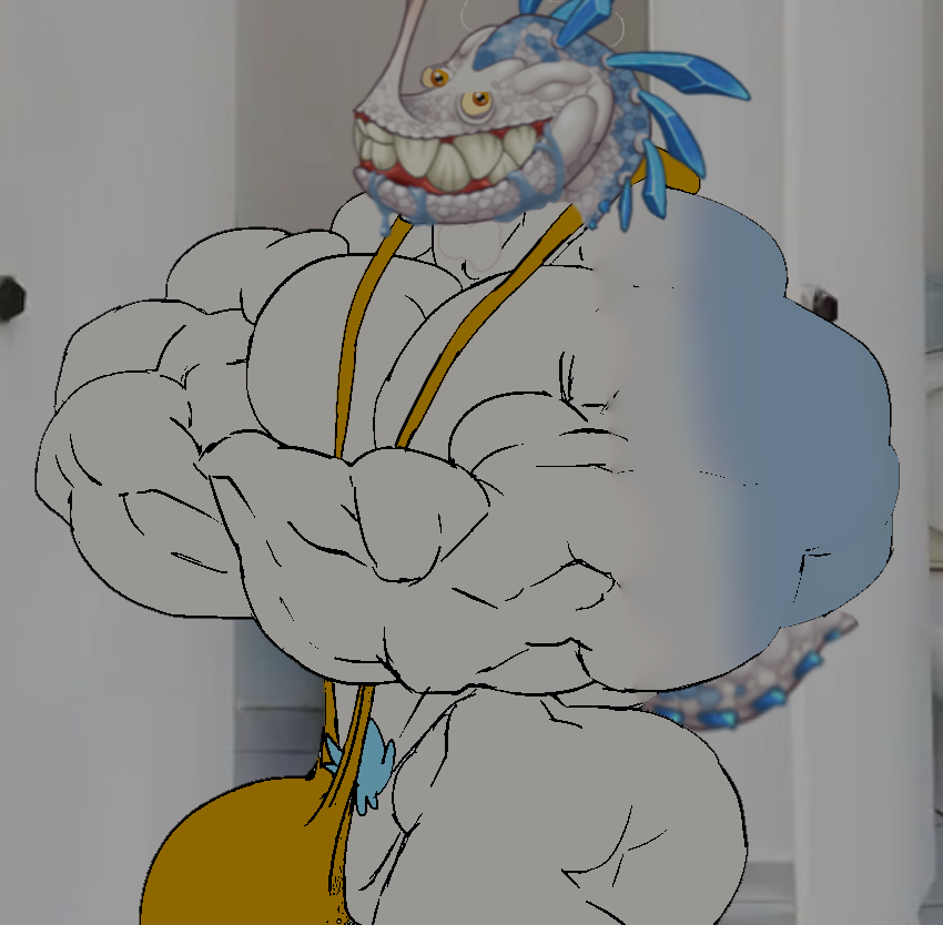 1boy arms_crossed arms_crossed_under_pecs ass banana_hammock bathroom buff bulge bulge_through_clothing bulge_through_swimsuit bulge_under_swimsuit dinosaur drooling edited edited_art edited_image edited_official_artwork incisaur male male_only malicious_smile mankini my_singing_monsters my_singing_monsters:_dawn_of_fire orange_mankini penis penis_showing pool saliva sexy smile smiling teeth teeth_showing teeth_visible toilet traced traced_art