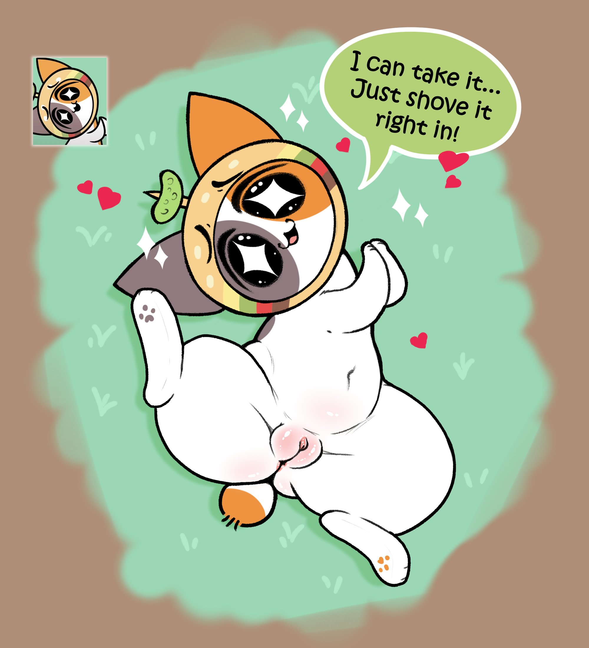calico cat, cheezborger (chikn nuggit), chikn nuggit, chubby, cute, felid, feline, female, furry, legs apart, no nose, pussy, semi-anthro, spreading, wolps