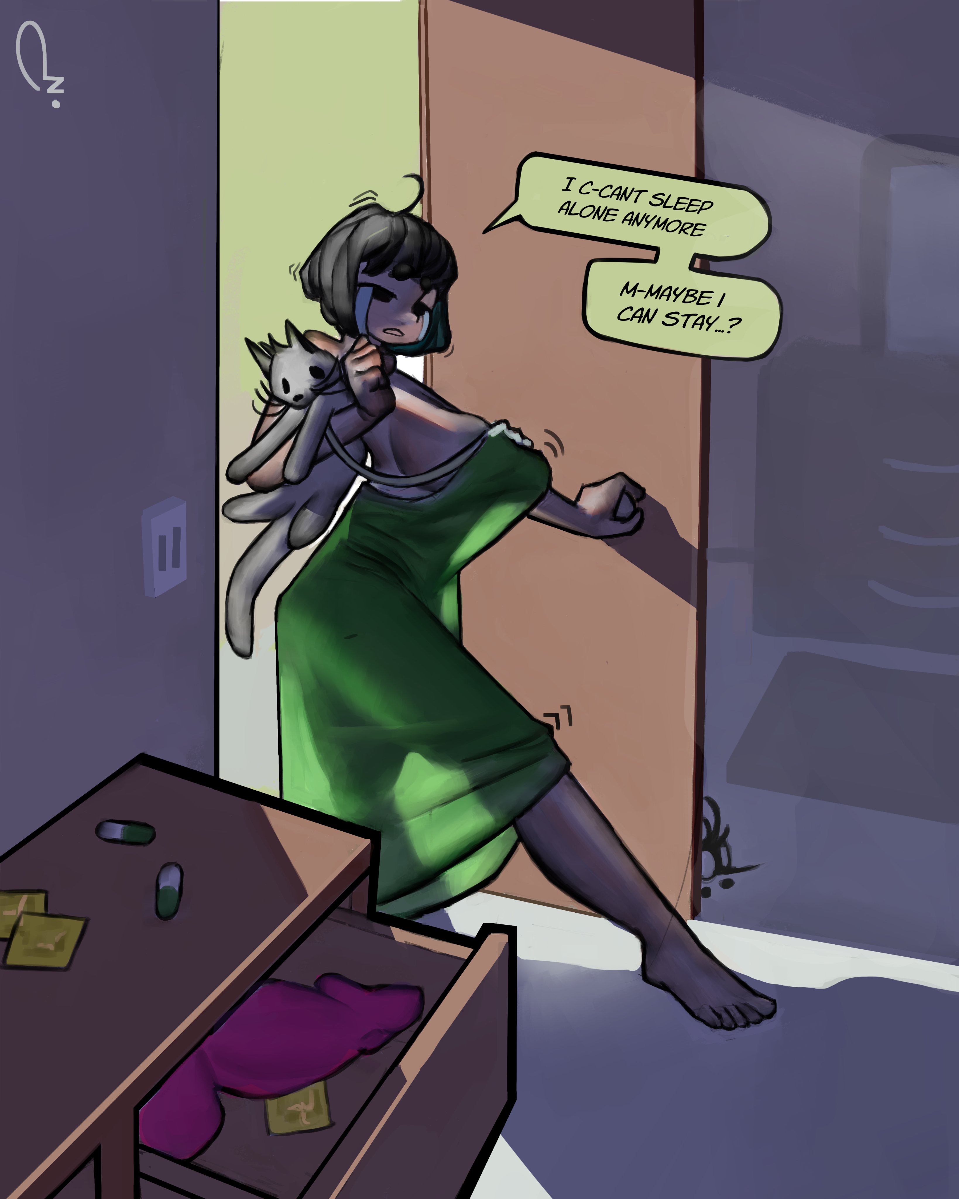 1girls, 2024, black hair, bob cut, borrowed character, breasts, clothes falling off, condom, crying, dark hair, dildo, extinctyellow, feline, female, female focus, female only, huge breasts, night, nightgown, opening door, original, original character, plushie, sad, see-through, see-through clothing, stuffed animal, stuttering, text, text bubble, trembling, veronica (doctorloops), veronica and mona, voluptuous, voluptuous female, watermark