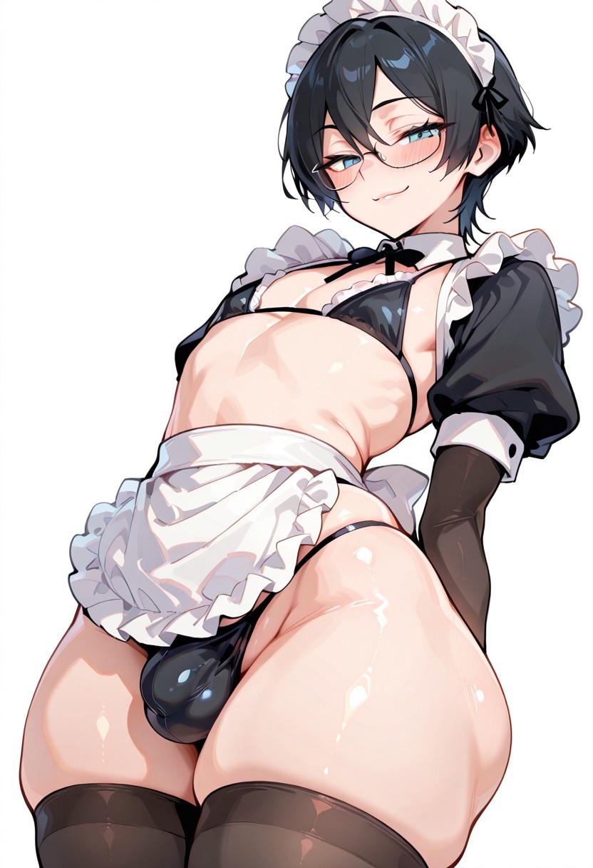 1boy, 1femboy, 2025, ai generated, alternate version available, bikini, bikini bottom, bulge, crossdressing, femboy, feminine male, maid, maid outfit, maid uniform, male, mesissyah, original, original character, solo