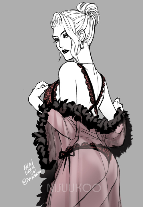 1girls ass bra earrings female final_fantasy final_fantasy_vii final_fantasy_vii_remake jewelry lace lace-trimmed_bra lace-trimmed_panties lace_trim lingerie lipstick looking_at_viewer looking_back makeup monochrome nightgown nijuuni off_shoulder panties scarlet_(ffvii) solo spot_color underwear