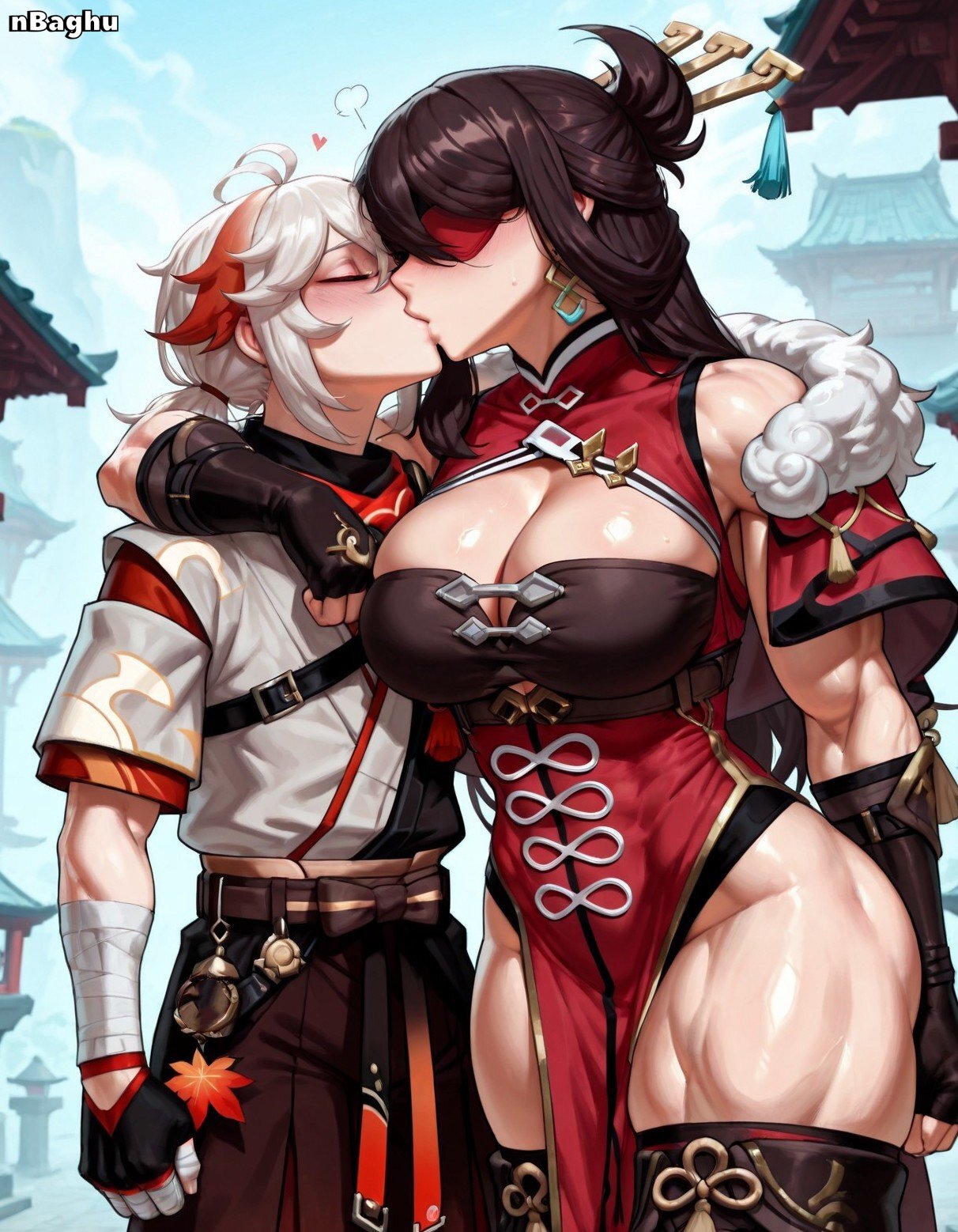 1boy 1boy1girl 1girls ai_generated arm_around_neck bandages beidou_(genshin_impact) black_hair blush china_dress chinese_clothes cleavage closed_eyes couple_(romantic) earrings eyepatch genshin_impact hair_ornament highres hoyoverse kaedehara_kazuha kimono kissing large_breasts long_hair looking_at_partner muscular muscular_female muscular_thighs nbaghu pelvic_curtain shiny_skin short_hair size_difference smirk taller_girl thick_thighs thigh_boots white_hair