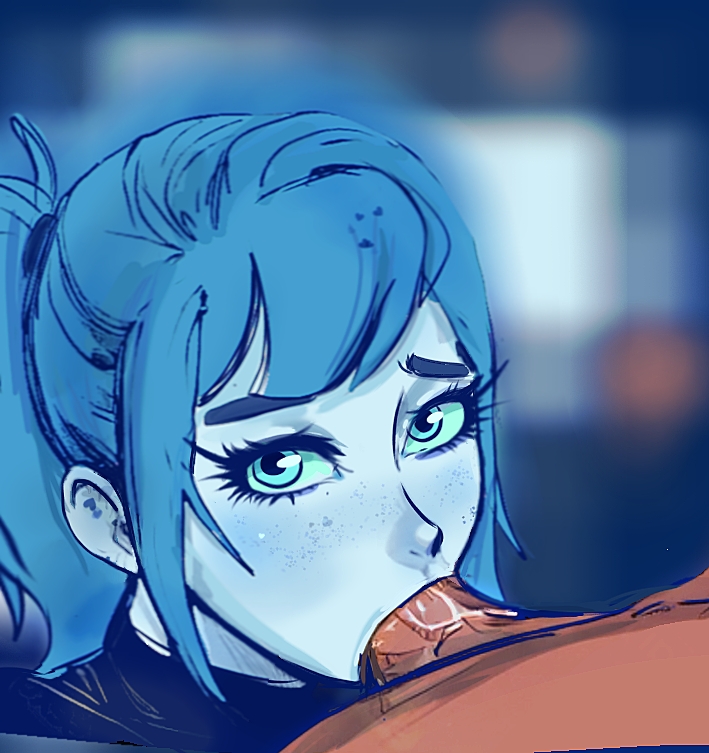 1boy, 1girls, blowjob, blue body, blue eyes, blue hair, blush, cum in mouth, deepthroat, fellatio, long hair, looking at viewer, male, oral, paprikaswirl, penis, penis in mouth, pparu, pparu u