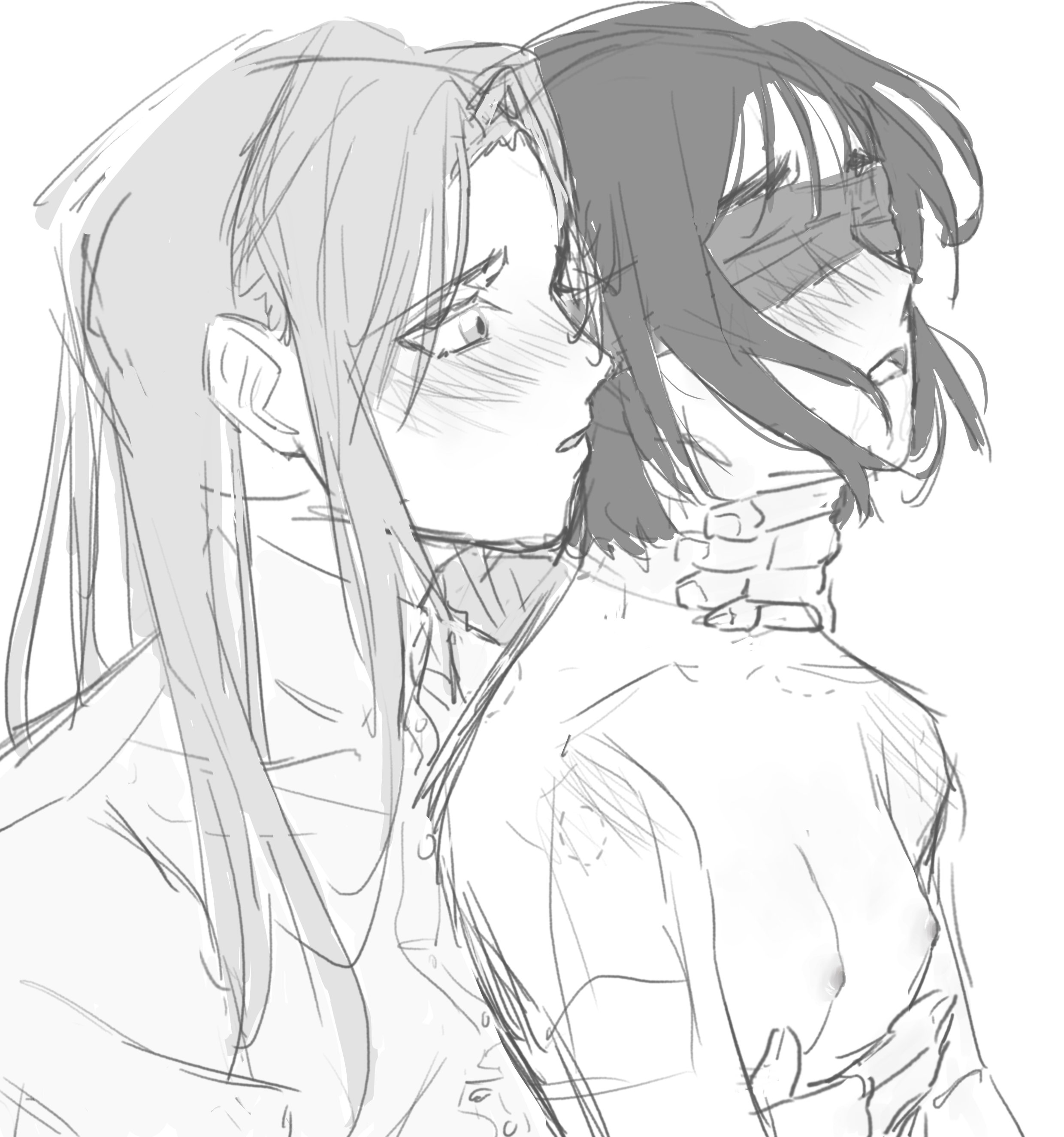 2girls, alien stage, bite mark, bite mark on shoulder, blindfold, blush, breasts, female, greyscale, hand around neck, long hair, mizi (alien stage), monochrome, nipples, open mouth, own gl, short hair, sketch, small breasts, sua (alien stage), yuri