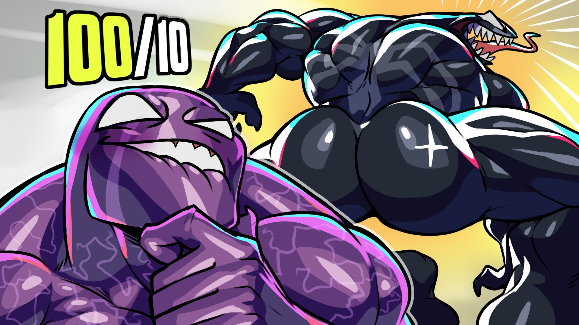 2025, 2boys, alien, alien humanoid, ass, ass focus, bara, big ass, big butt, big muscles, bite, biting lip, biting own lip, black body, black butt, butt focus, dirtymache, duo, el benon, elbenon, gay, glistening, glistening body, glistening butt, humanoid, lip bite, long tongue, mache, male, male only, marvel, marvel comics, marvel rivals, monster, muscles, muscular, muscular humanoid, muscular male, open mouth, purple body, purple venom, purplevenom, sharp teeth, simple background, spider-man (series), symbiote, teeth, tongue, tongue out, venom, venom (marvel rivals), venom (marvel), youtube, youtube hispanic