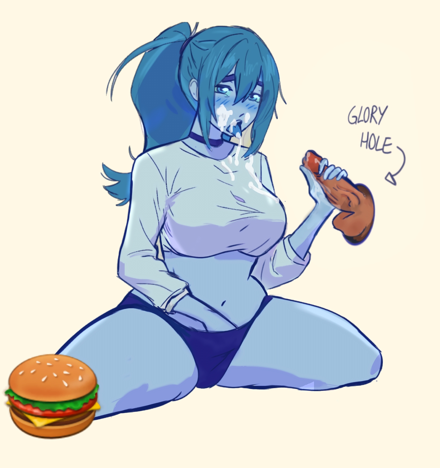 1boy, 1girls, big breasts, blue eyes, blue hair, blush, breasts, cum, cum in mouth, cum on breasts, cum on face, female, glory hole, handjob, kneeling, large breasts, long hair, looking at viewer, male, masturbation, paprikaswirl, penis, penis grab, pparu, pparu u, slim waist, wide hips