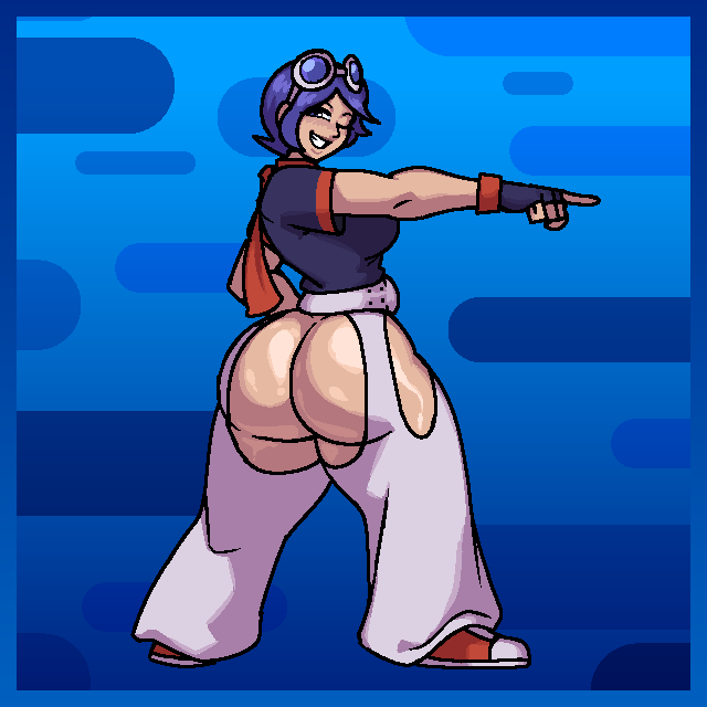 1girls adapted_costume back_view blue_hair breasts clothed clothing exposed_ass gloves goggles king_of_fighters large_ass looking_at_viewer may_lee no_panties one_eye_closed pointing pose royalmilk20 scarf short_hair smile smiling solo wide_hips wink