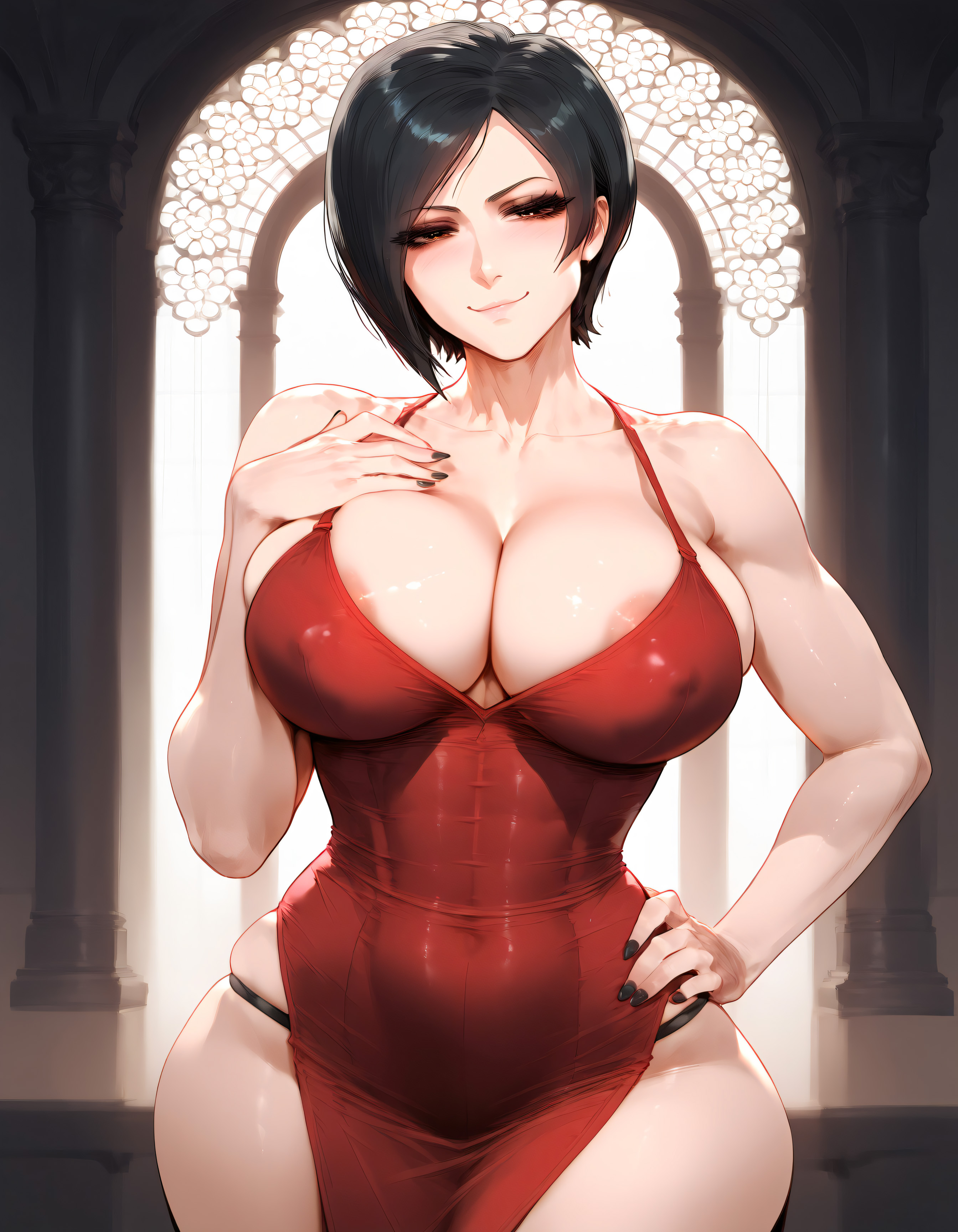 1girls, ada wong, ada wong (adriana), ai generated, areolae, asian female, ass, ass grab, big ass, big breasts, biohazard, black hair, black panties, breasts, curvy, curvy figure, dress, erect nipples, female, hand on breast, hand on hip, large ass, large breasts, lipstick, looking at viewer, mature female, milf, nipples, red dress, resident evil, resident evil 4, resident evil 4 remake, revealing clothes, revealing dress, short hair, skindentation, sogo, tight clothing, voluptuous female, wide hips