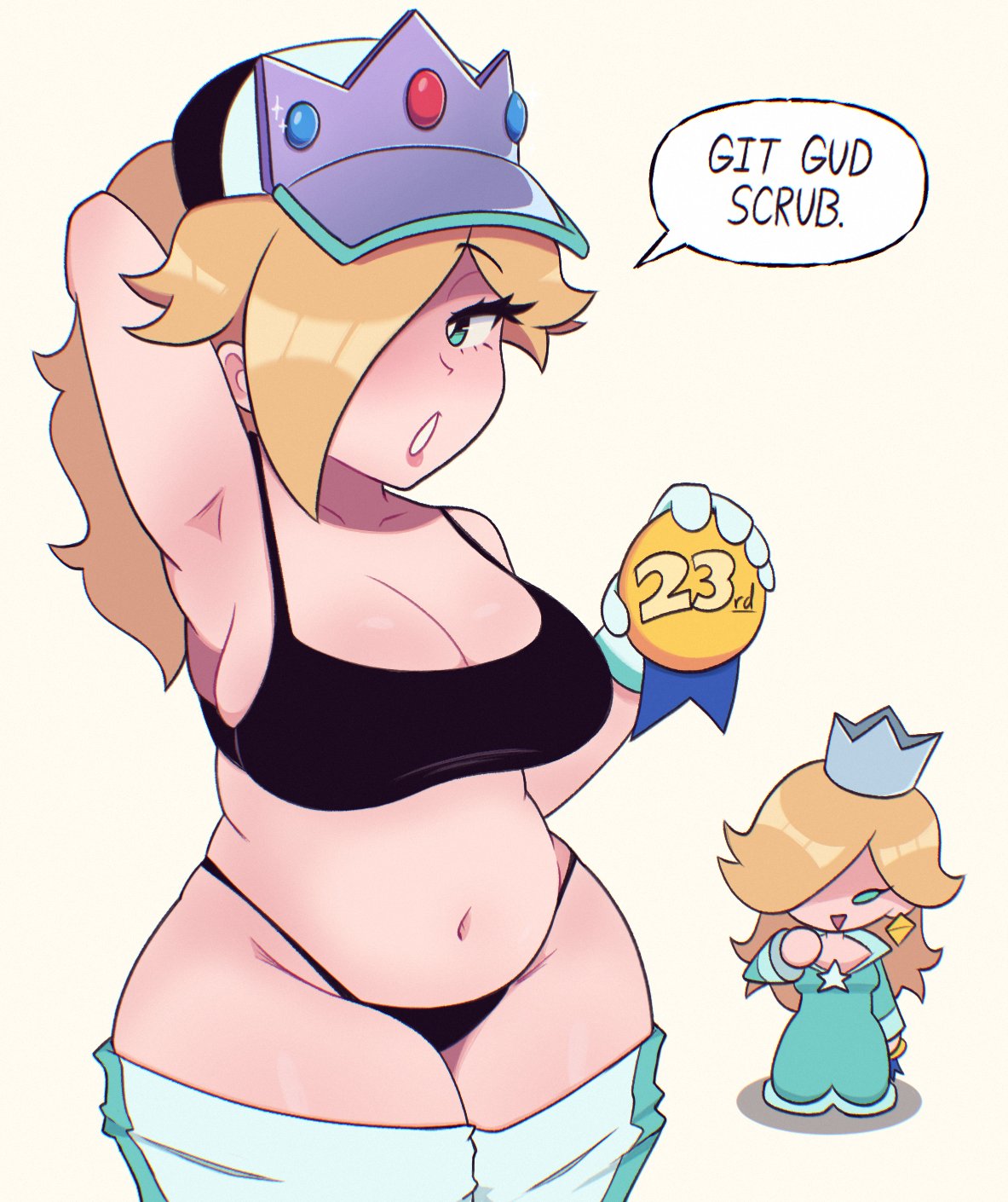 2girls, armpits, arms up, belly button, big breasts, blonde hair, bra, breasts, chubby, chubby female, crown, drewmang, female, female only, gloves, hair over one eye, hat, looking at viewer, mario (series), mario kart, mario kart world, panties, ponytail, princess rosalina, princess rosalina (pro racer), redneck, smug, super mario bros., text, text bubble, thick thighs, thighs, trailer trash, underwear