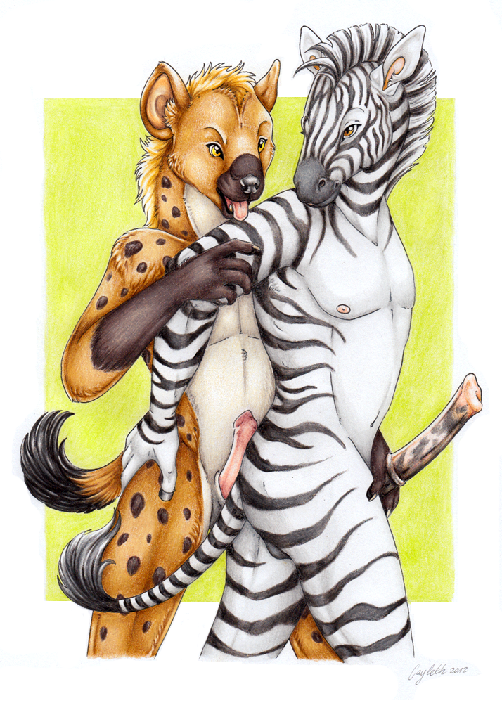 2012 2boys anthro artshow ass cayleth ef equine eurofurence gay hands holding horse hyena male male/male male_on_male male_only nipples no_humans penis predator/prey sex spots stripes teasing tongue zebra