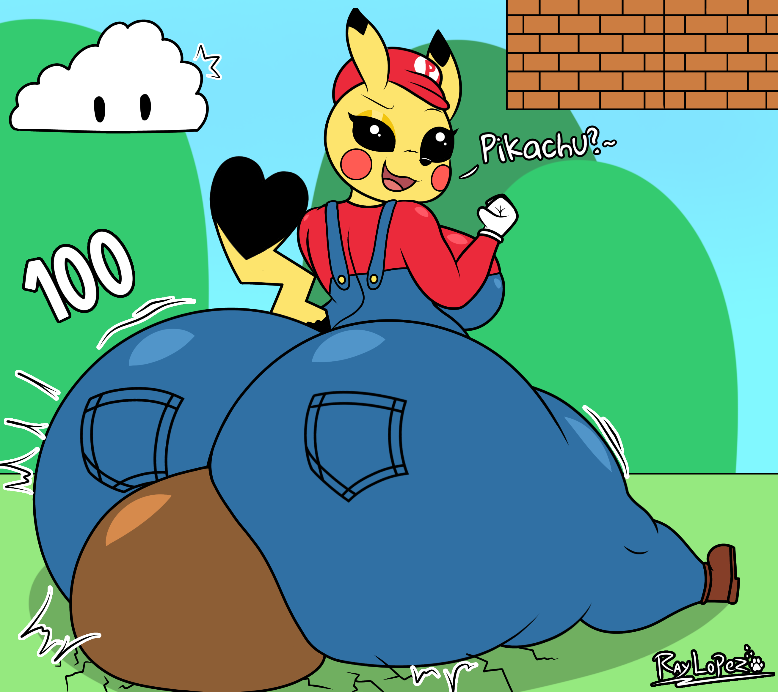 anthro, anthrofied, ass, ass bigger than head, ass bigger than torso, ass focus, background, big ass, black eyes, black nose, black sclera, blushing lines, breasts, bubble butt, clothing, cloud, comic, comic page, dialogue, digital drawing (artwork), digital media (artwork), eyebrows, eyelashes, eyeshadow, female, furry, furry female, furry only, generation 1 pokemon, gloves, goomba, heart, heart symbol, hi res, highres, huge ass, huge butt, looking back, looking down, looking pleasured, mario (cosplay), mario (series), mario bros, nintendo, no humans, number, onomatopoeia, open mouth, pikachu, png, pokemon, pokemon (species), raylopez, shortstack, shortstack female, sitting, sitting on another, teapot (body type), thick thighs, thighs, yellow body, yellow skin, yellow tail