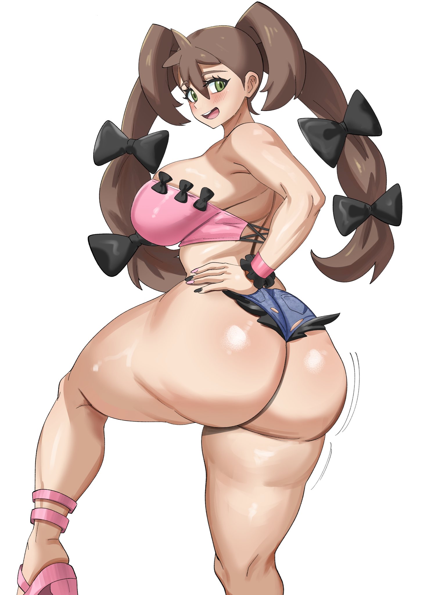 1girls, aged up, ankle strap, ass, ass hanging out, ass hanging out of shorts, big breasts, black bow, black nails, black panties, blue shorts, blush, booty shorts, bow, breasts, brown hair, cellulite, crop top, cutoffs, denim, denim shorts, female, female only, frilled cuffs, from behind, green eyes, hair bow, hand on own hip, high heel sandals, high heels, huge ass, long hair, looking at viewer, looking back, nintendo, one leg raised, open mouth, panties, pink nails, pink shirt, pink shoes, pokemon, pokemon trainer, pokemon xy, sandals, shauna (pokemon), shirt, shoes, short shorts, shorts, smile, solo, standing, strapless, thick thighs, thighs, torn clothes, torn shorts, tube top, twintails, underwear, upper teeth, white background, wide hips, wrist cuffs, ytrall
