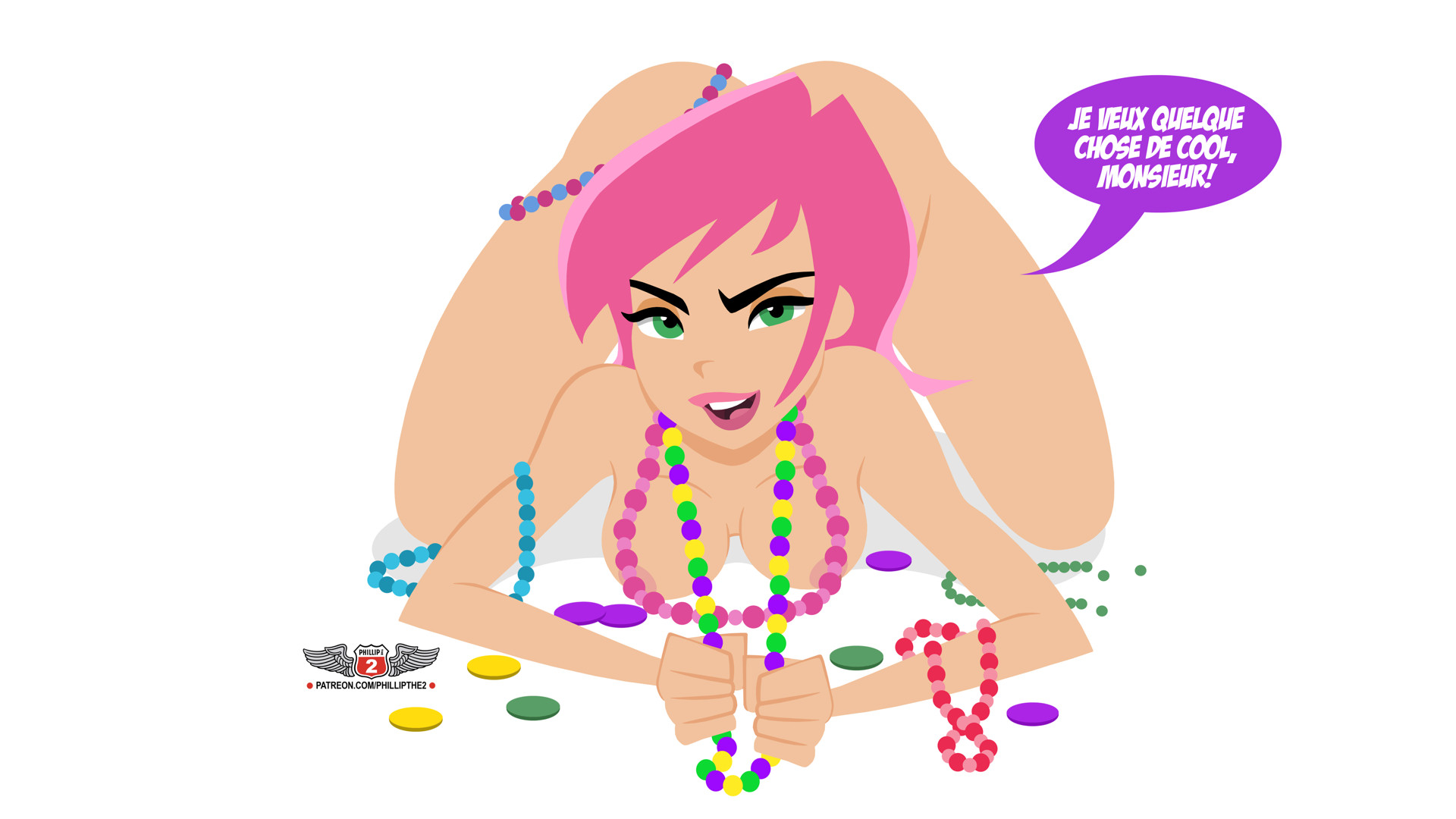 1girls, ass, beads, breasts, erin esurance, esurance, female, french text, mardi gras, nude, phillipthe2, tagme