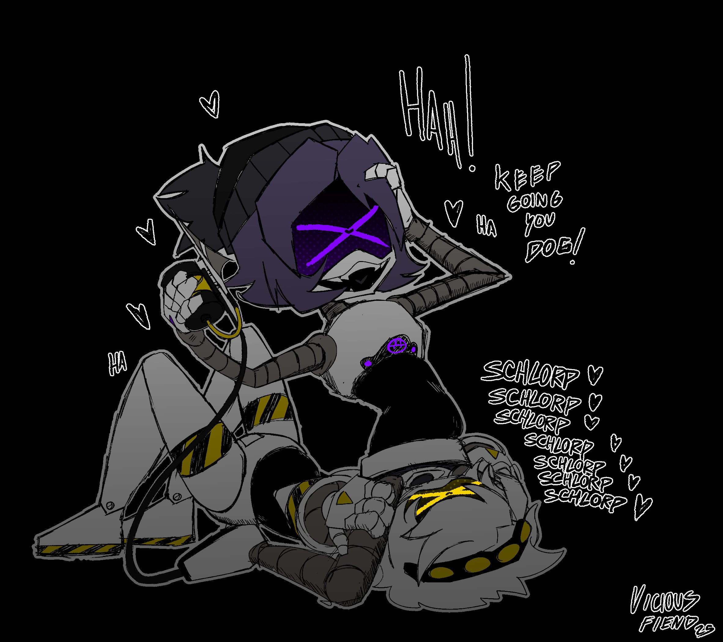 1boy, 1girls, artist name, artist signature, beanie, black background, canon couple, cunnilingus, eating out, eating pussy, female, female on top, glitch productions, heart, heart-shaped pupils, male, moaning, moaning in pleasure, murder drones, n (murder drones), nude, nude female, nude male, purple eyes, purple hair, pussy, robot, robot boy, robot girl, robot humanoid, uzi (murder drones), vicious fiend, yellow eyes