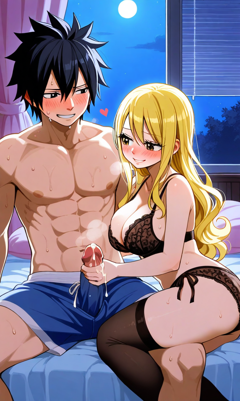 ai_generated big_penis black_hair black_lingerie_panties blonde_hair blush boxers erection fairy_tail gray_fullbuster handjob imminent_sex lucy_heartfilia pixai wholesome