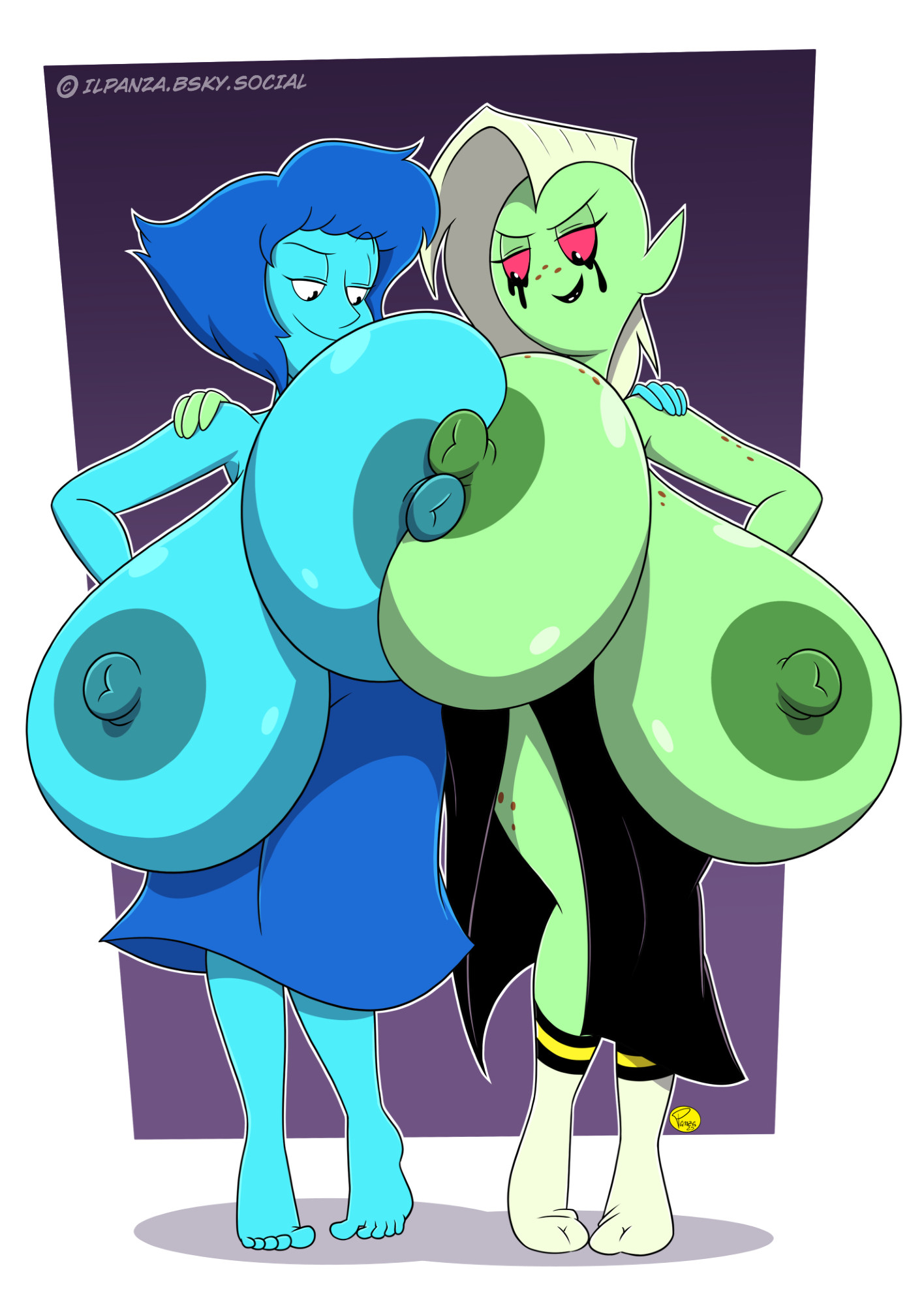 2girls, areolae, big breasts, blue hair, blue skin, breasts, breasts bigger than head, cartoon network, crossover, disney, female, female only, freckles, gem (species), gigantic breasts, green skin, huge breasts, huge nipples, humanoid, ilpanza, lapis lazuli (steven universe), large areolae, looking at another's breasts, lord dominator, nipples, nipples touching, runny makeup, steven universe, topless, wander over yonder