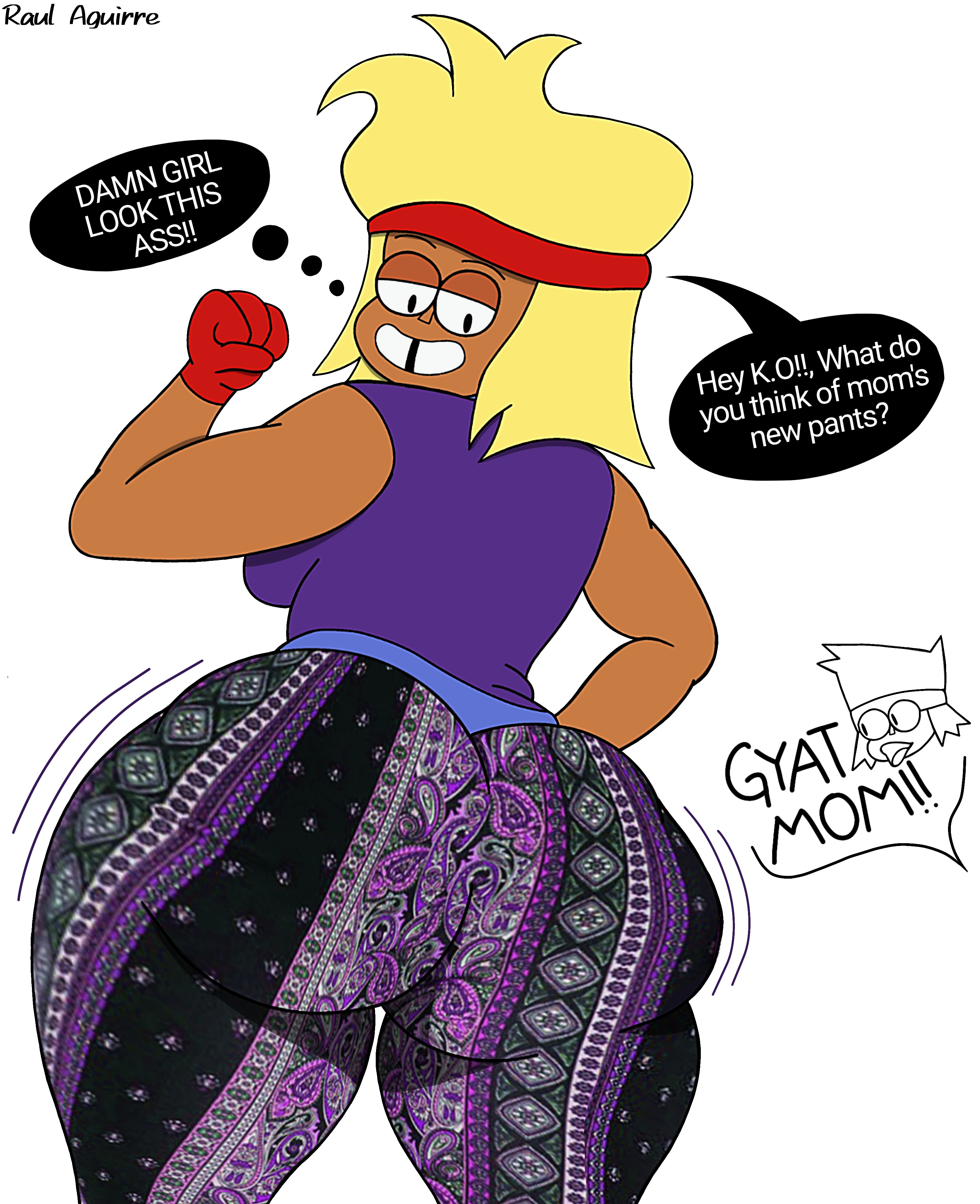 1boy, 1girls, ass, ass awe, ass focus, big ass, blonde hair, bottom heavy, breasts, carol (ok k.o.! let's be heroes), carol kincaid, clothing, dark skin, dark-skinned femboy, dark-skinned male, dark-skinned sissy, dark-skinned twink, english text, fat ass, female, femboy, flare pants, forbidden pants, huge ass, human, k.o. (ok k.o.! let's be heroes), looking back, mother and son, ok k.o.! let's be heroes, poggers, raul aguirre, rear view, round ass, simple background, solo, tagme, text, thick thighs, tight clothing, wide hips, wobble