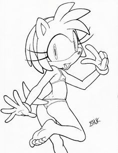 amy_rose anthro ass barefoot bhawk bikini eyelashes female female_only furry gloves hedgehog looking_at_viewer looking_back looking_back_at_viewer nipple nipple_bulge sega sonic_(series) thong tongue traditional_media_(artwork) v_sign