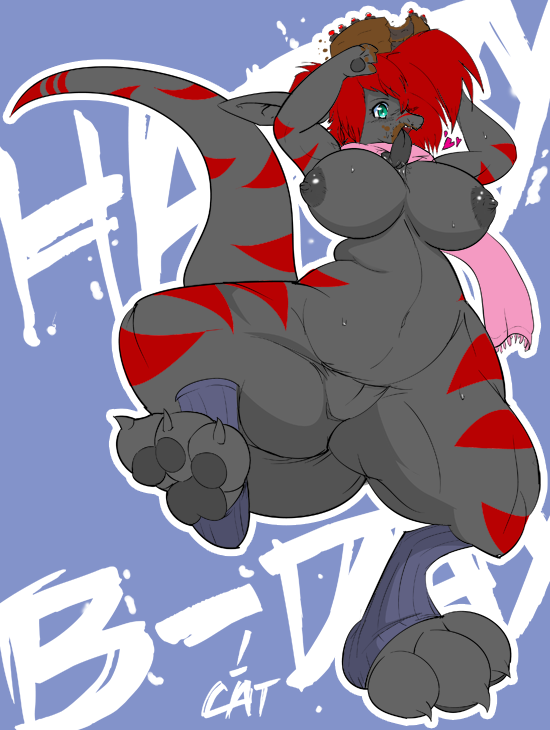 big_breasts breasts cake cautioncat chubby dragon female green_eyes hair heart huge_breasts leg_warmers licking lizard long_tail messy nipples overweight pantsuneko quiggles red_hair scalie scarf spread_legs spreading tongue