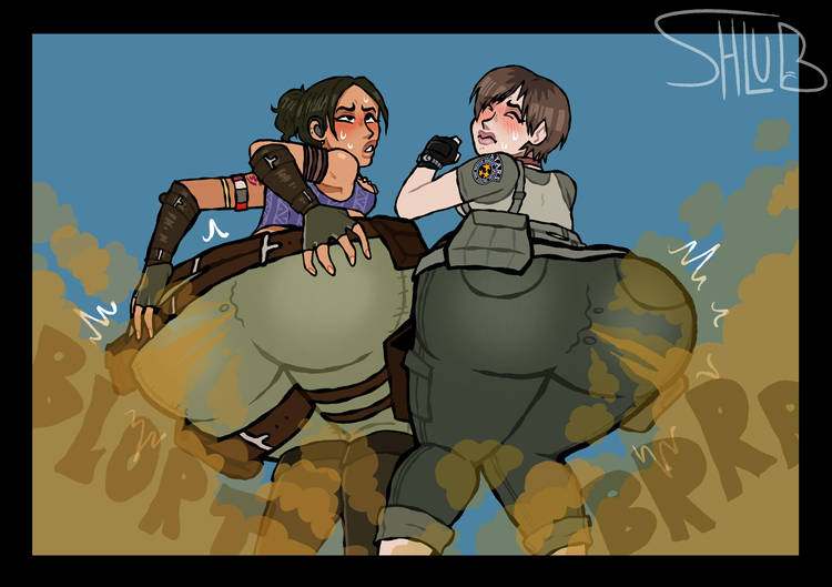 2girls, big ass, brown hair, fart, fart cloud, fart fetish, farting, farting at viewer, female, hands on ass, jeans, pornshlub, rebecca chambers, resident evil, sheva alomar, simple background, squatting, sweating