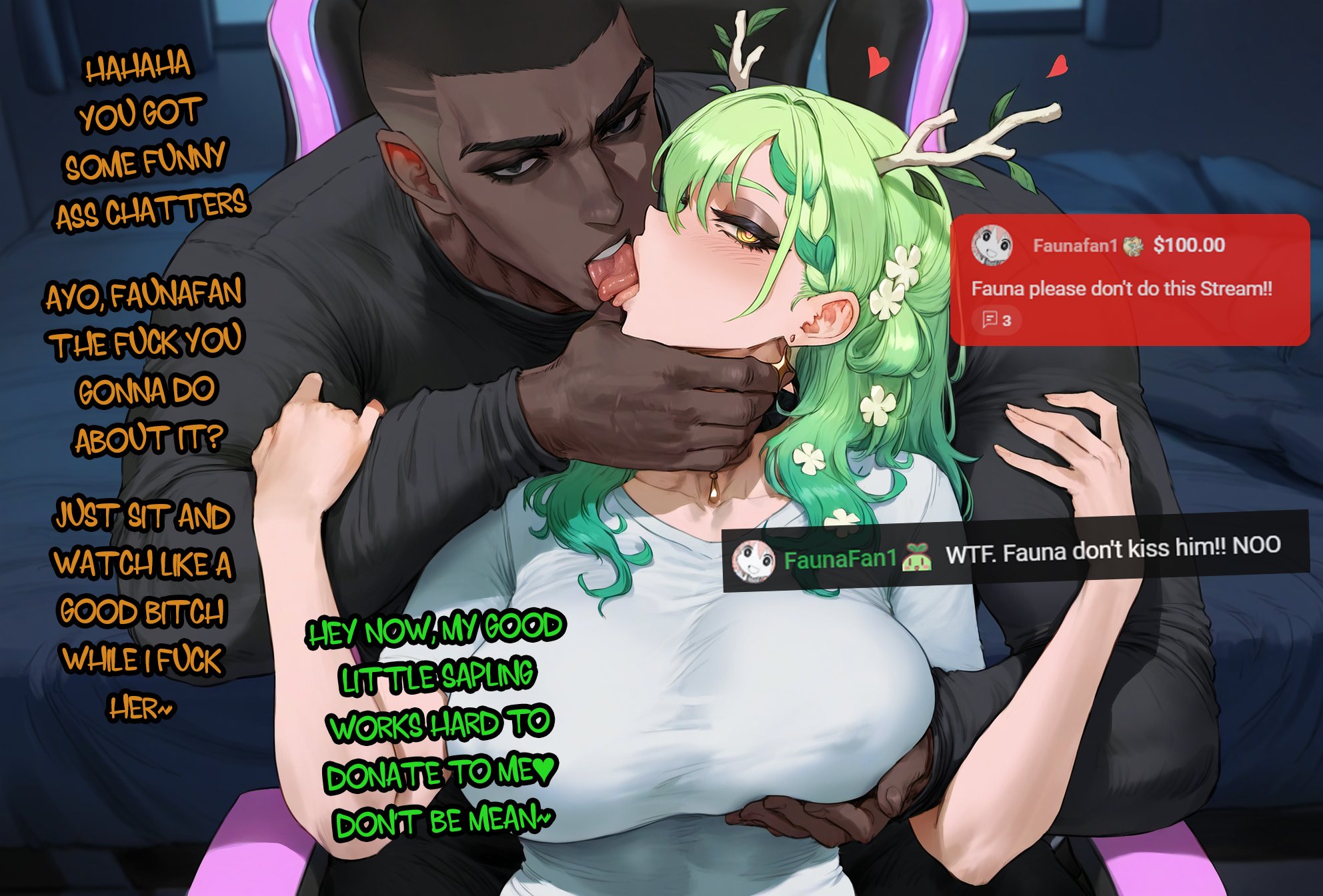 1boy, 1girls, 2025, 2d, ai generated, aipotions, big breasts, blush, breasts, ceres fauna, color, cucked fans, cuckold, cuckold pov, dark skin, dark-skinned male, english text, female, femdom, femsub, grabbing breasts, green hair, hand on breast, hi res, hololive, hololive english, hololive english -council-, hololive english -promise-, human, human dominating, human dominating humanoid, humanoid, interracial, large breasts, light skin, light-skinned female, livestream, long hair, male, male/female, maledom, malesub, muscles, muscular, muscular male, netorare, ntr, tagme, text, thick thighs, tongue, tongue kiss, tongue out, virtual youtuber, yellow eyes
