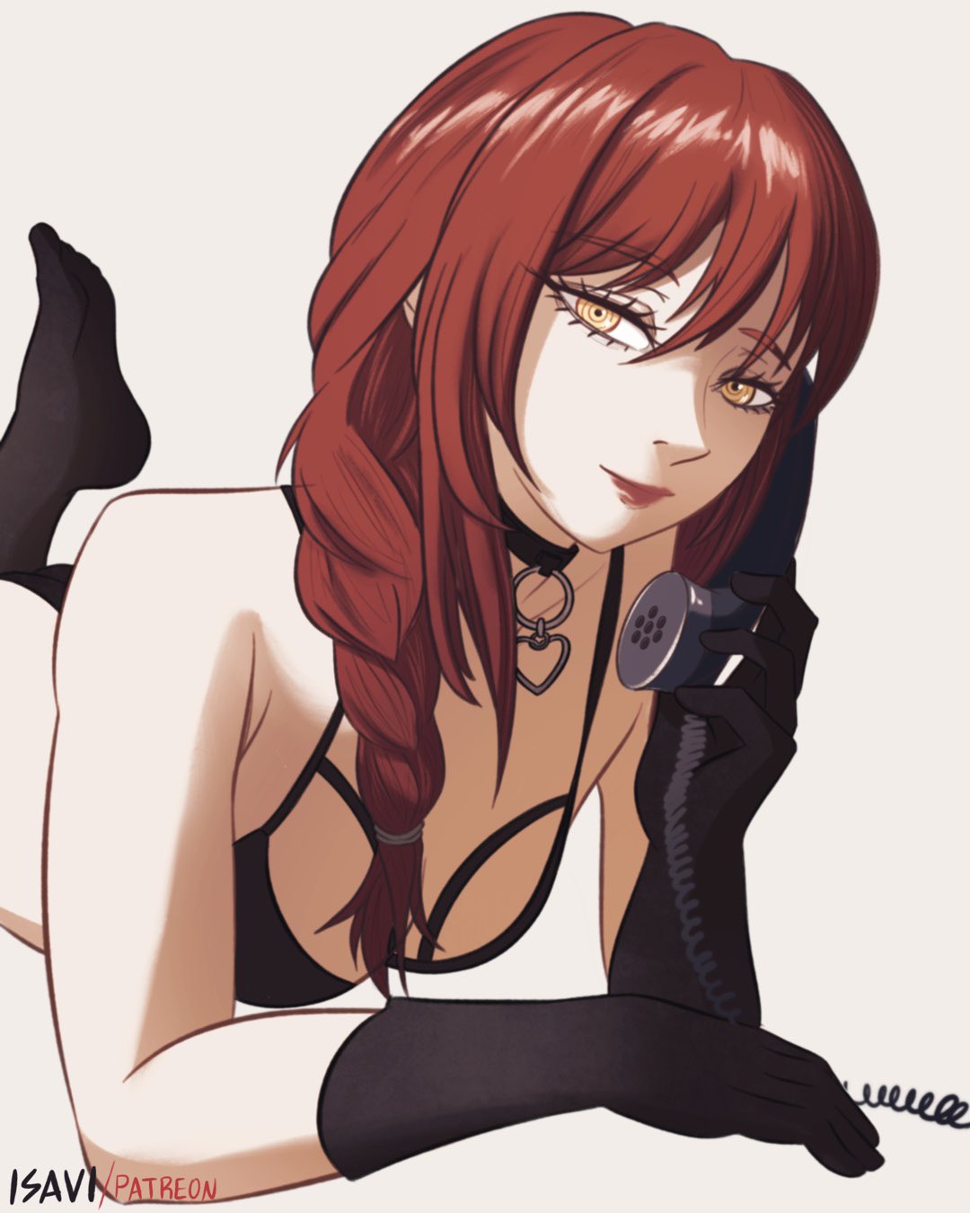ass, calling, chainsaw man, collar, eye contact, feet, female, gloves, isavi, lingerie, looking at viewer, lying, lying down, lying on stomach, makima (chainsaw man), pov, red hair, ringing, ringing phone, smile, smiling, smirk, smirking, yellow eyes