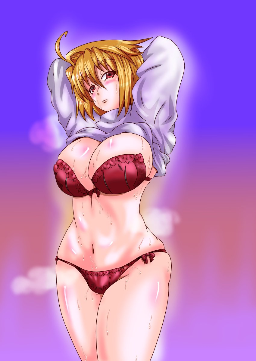 ahoge alternate_version_available arcueid_brunestud ass belly big_breasts blonde_hair bra breasts breasts_bigger_than_head cleavage enormous_breasts gg2sol hands_behind_head huge_breasts large_breasts looking_at_viewer melty_blood navel panties plump red_bra red_eyes red_panties short_hair steam steaming_body steamy sweat sweater_lift sweater_only sweating sweaty sweaty_body thick thick_ass thick_thighs tsukihime turtleneck_sweater type-moon white_sweater