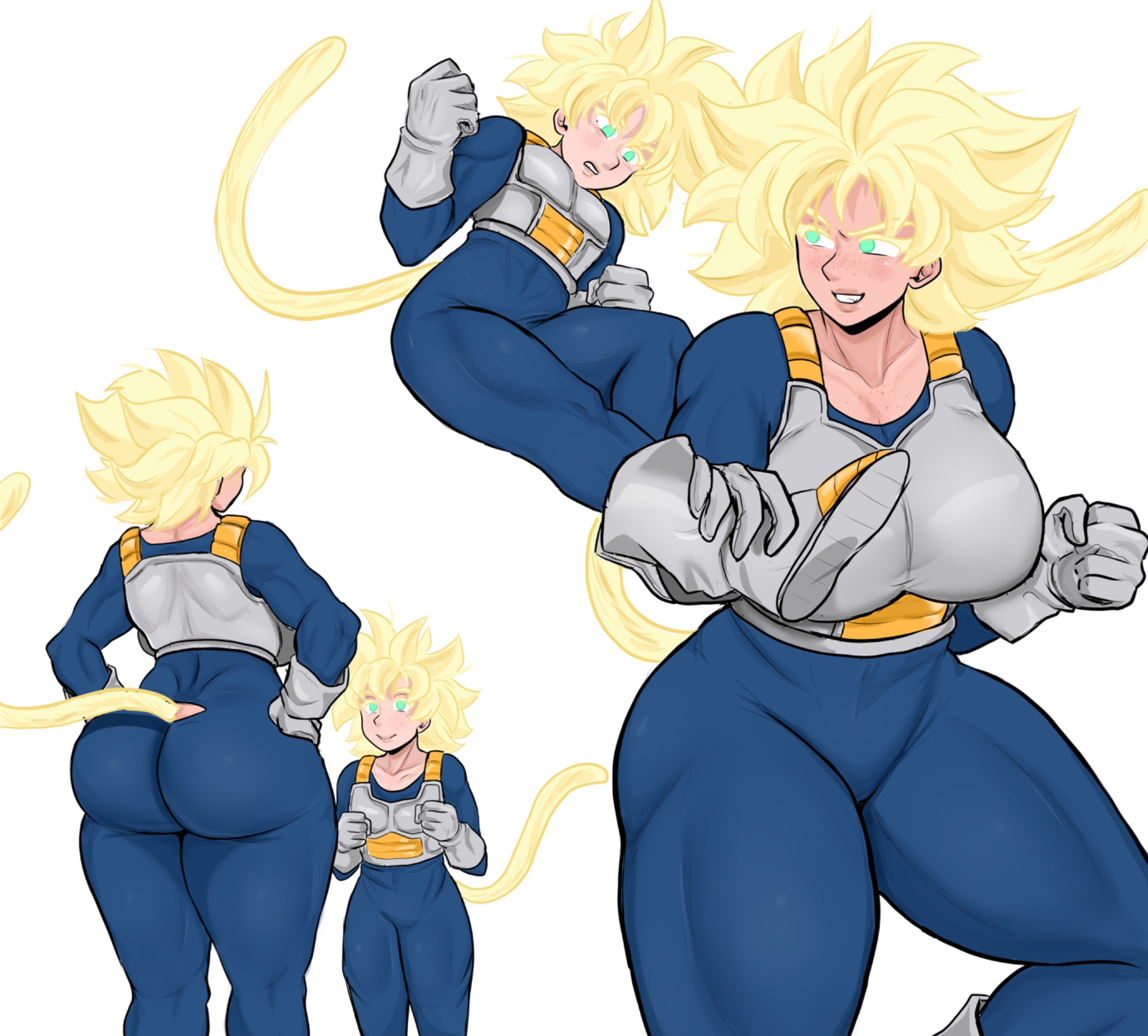 2026, 2d, 2d (artwork), 2girls, armor, ass, ass focus, big ass, big breasts, big butt, bodysuit, dragon ball, fat ass, female, female only, fokii, fully clothed, glowing eyes, glowing hair, jj fuki, julia (fokii), non-human, non-human only, oc, original character, original characters, poor quality, questionable, saiyan, saiyan armor, saiyan female, saiyan tail, sfw, simple background, source request, spandex, sparring, super saiyan, tight clothing, white background