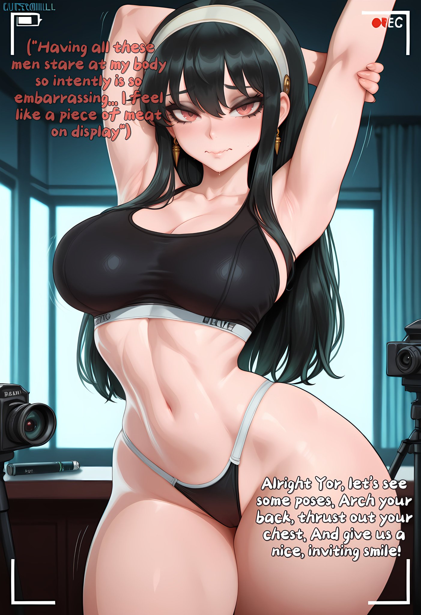 1girls, ai generated, big breasts, blush, bra, breasts, earrings, female, female only, large breasts, looking at viewer, panties, randoai, recording, sports bra, spy x family, stretching, underwear, yor briar