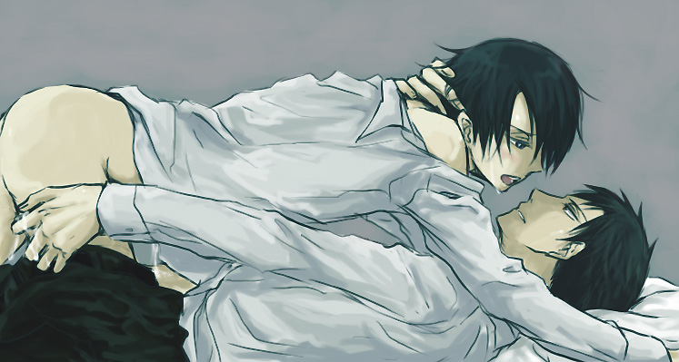 2boys bed blush bottomless cum doumeki_shizuka male multiple_boys sweat watanuki_kimihiro xxxholic yaoi