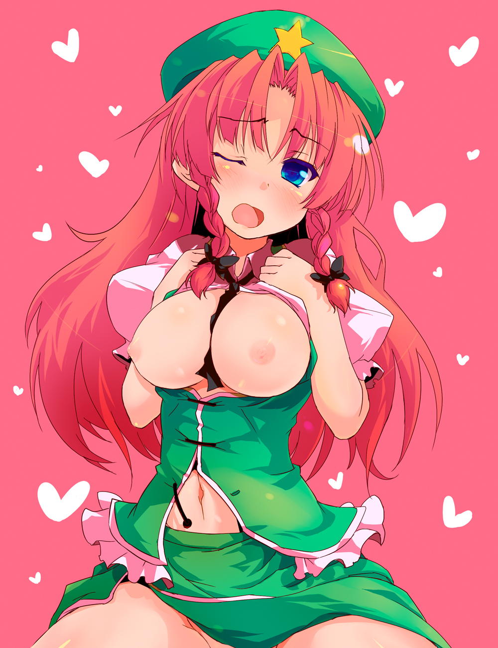 1girls blue_eyes braid breasts female hat heart highres hong_meiling long_hair no_bra no_panties red_hair solo sw the_embodiment_of_scarlet_devil touhou twin_braids