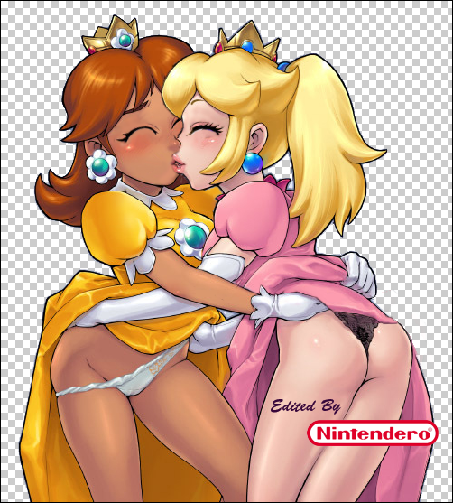 2girls arm_gloves ass black_panties blonde_hair blush brooch brown_hair closed_eyes clothing crown dress dress_lift duo earrings elbow_gloves eyeshadow female female_only gloves human kissing light_skin lips mario_(series) multiple_females nintendero nintendo panties ponytail princess_daisy princess_peach shoulder_length_hair skin_contrast super_mario_bros. tan_skin thighs thong tied_hair underwear white_panties yuri