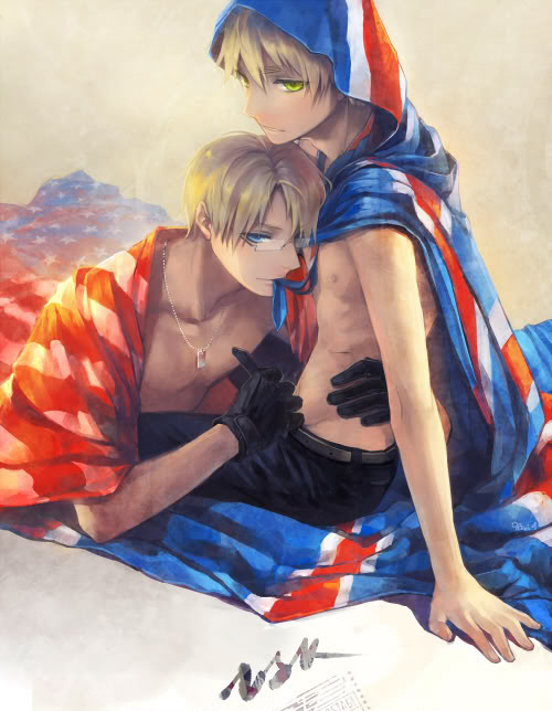 alfred_jones america_(hetalia) american_flag arthur_kirkland axis_powers_hetalia belt blonde_hair blue_eyes dog_tags england_(hetalia) flag glasses gloves green_eyes male mouth_hold multiple_boys sanbonzakura shirtless thick_eyesbrows union_jack yaoi