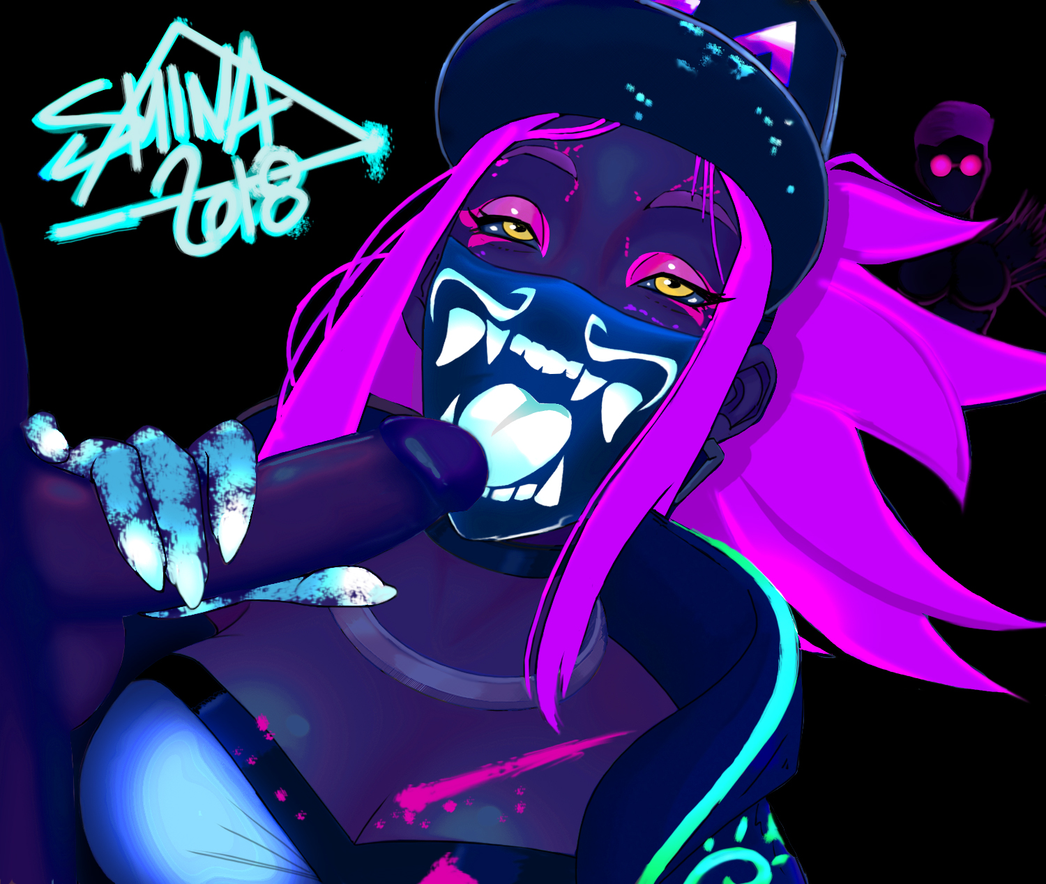 akali, blacklight, disembodied penis, evelynn, faceless male, fellatio, female, glowing, holding penis, k/da akali, k/da evelynn, k/da series, league of legends, male, mask, neon, penis, penis grab, shina, strapless, strapless top, strapless topwear, tubetop