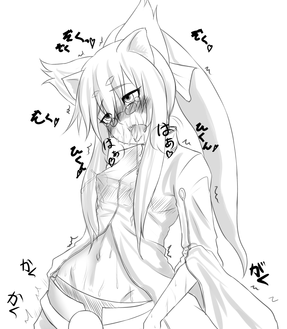 animal_ears black_69 blazblue breasts cat_ears cum erect_nipples facial glasses kokonoe labcoat lactation long_hair navel nipples open_mouth ribbon sweat very_long_hair