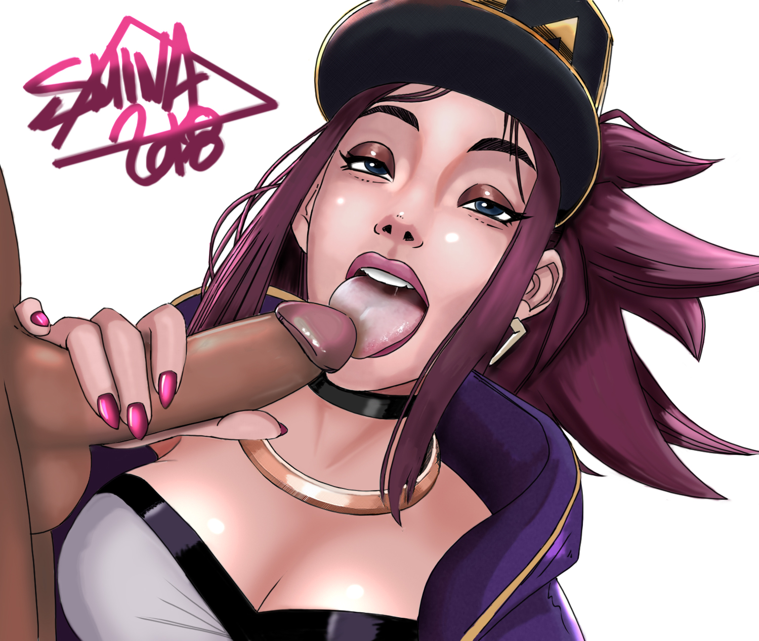 akali, artist name, clothed female nude male, dark skin, dark-skinned male, faceless male, fellatio, female, female focus, holding penis, k/da akali, k/da series, league of legends, licking penis, looking at viewer, male, open mouth, penis, penis grab, shina, strapless, strapless top, strapless topwear, tongue, tongue out, tubetop