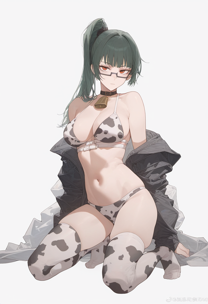 ai generated, big breasts, breasts, cow bell, cow bikini, cow print, cowkini, female, jujutsu kaisen, solo female, tagme, zenin maki
