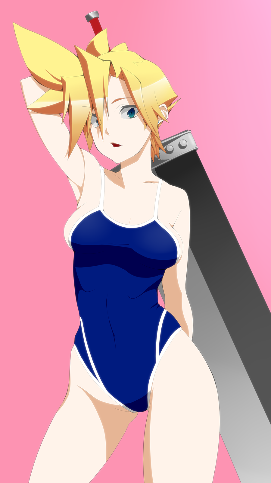 1girls asurin blonde_hair blue_eyes blue_one-piece_swimsuit blue_swimsuit breasts buster_sword cloud_strife competition_swimsuit earrings final_fantasy final_fantasy_vii genderswap_(mtf) holding_sword holding_weapon large_breasts looking_at_viewer one_piece_swimsuit rule_63 rule_63 short_hair swimsuit sword weapon