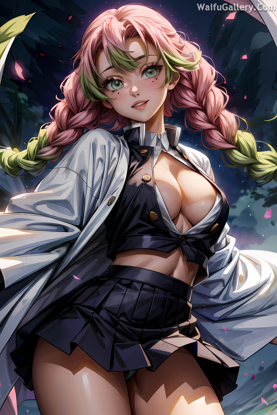 ai_generated big_breasts demon demon_slayer demon_slayer_uniform gradient_hair green_eyes kanroji_mitsuri kimetsu_no_yaiba