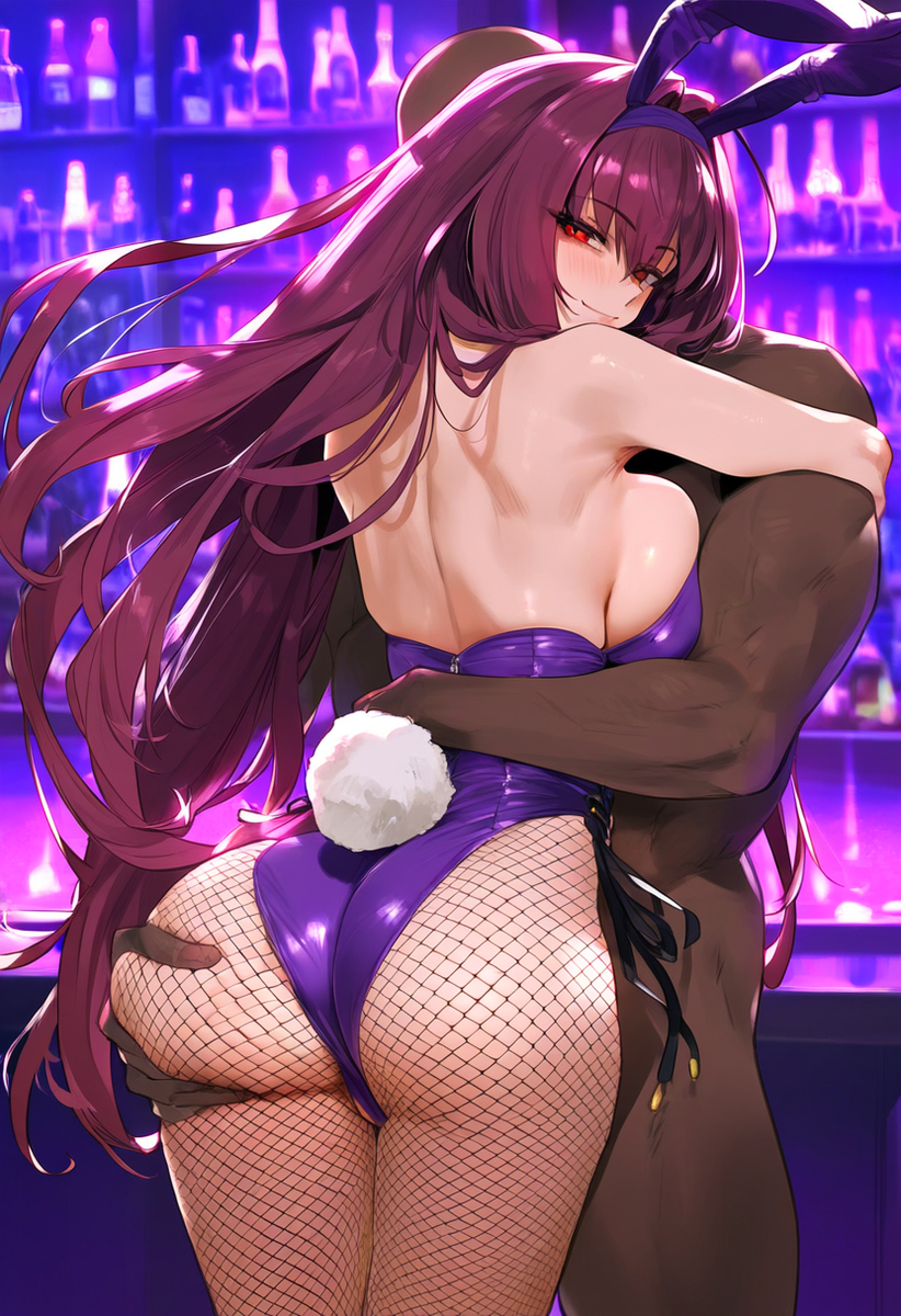 1boy 1girls ai_generated ass ass_focus back back_view bare_arms bare_shoulders big_ass big_breasts big_butt blush bunny_ears bunny_tail bunnysuit color dark-skinned_male dark_skin fate_(series) female fishnets geo-san grabbing_ass hand_on_butt hi_res interracial large_breasts light-skinned_female light_skin long_hair male male/female purple_hair red_eyes scathach_(fate) tagme thick_thighs