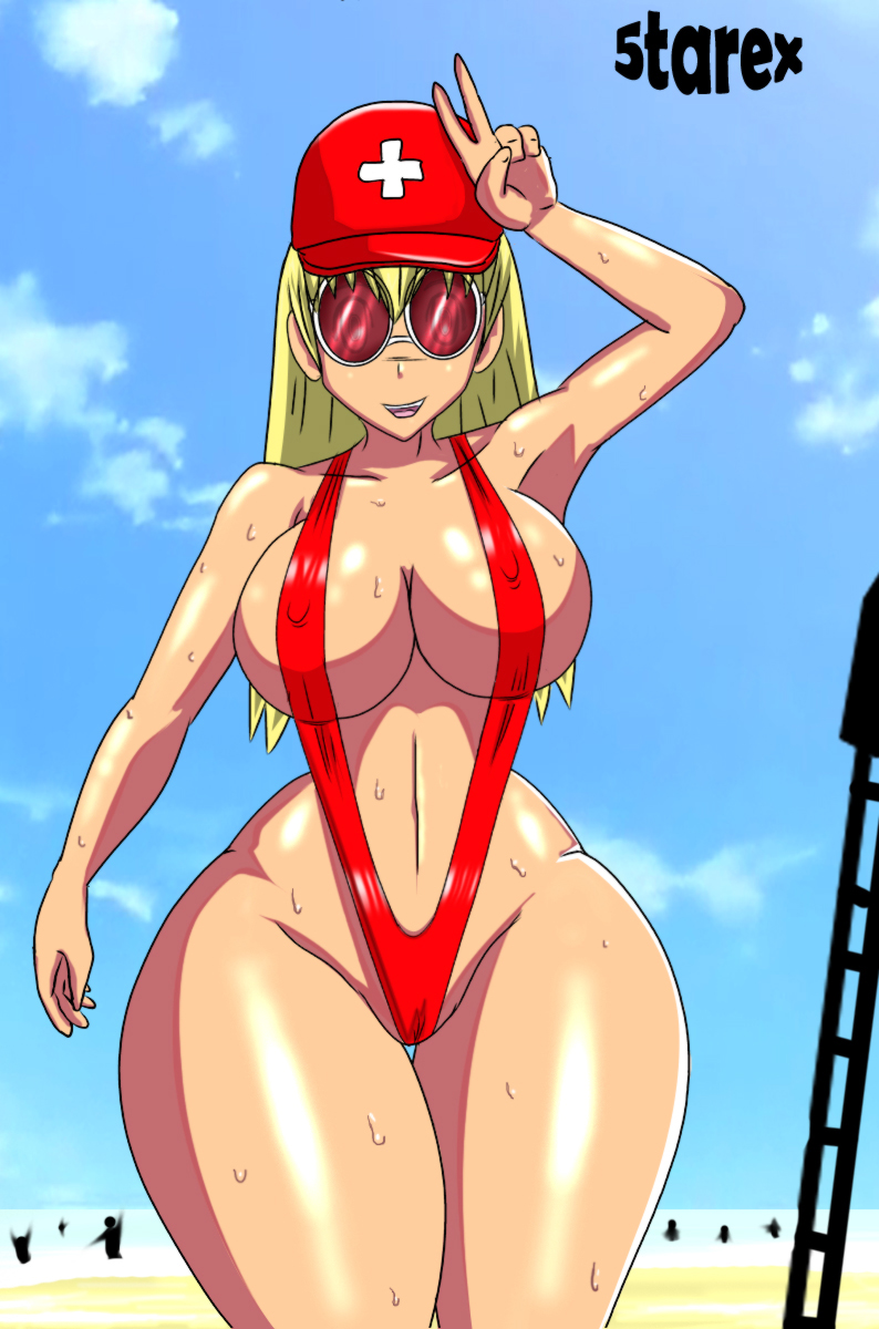 5tarex blonde_hair breasts glasses megane meganekko pointy_chin swimsuit