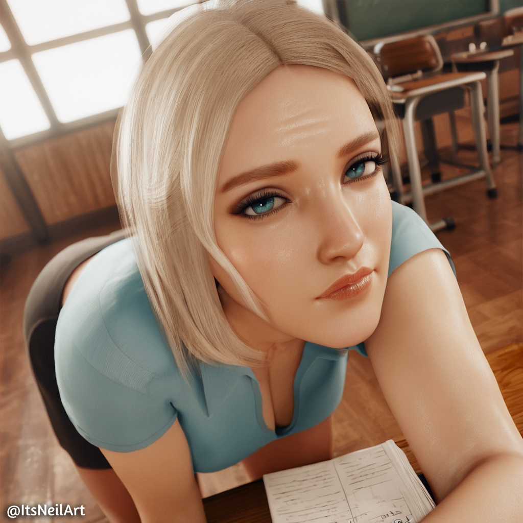 1female 1girls 3d ai_generated bent_over blonde_hair blue_eyes classroom curvy female female_only itsneilart looking_at_viewer mature_female milf solo solo_female tagme teacher