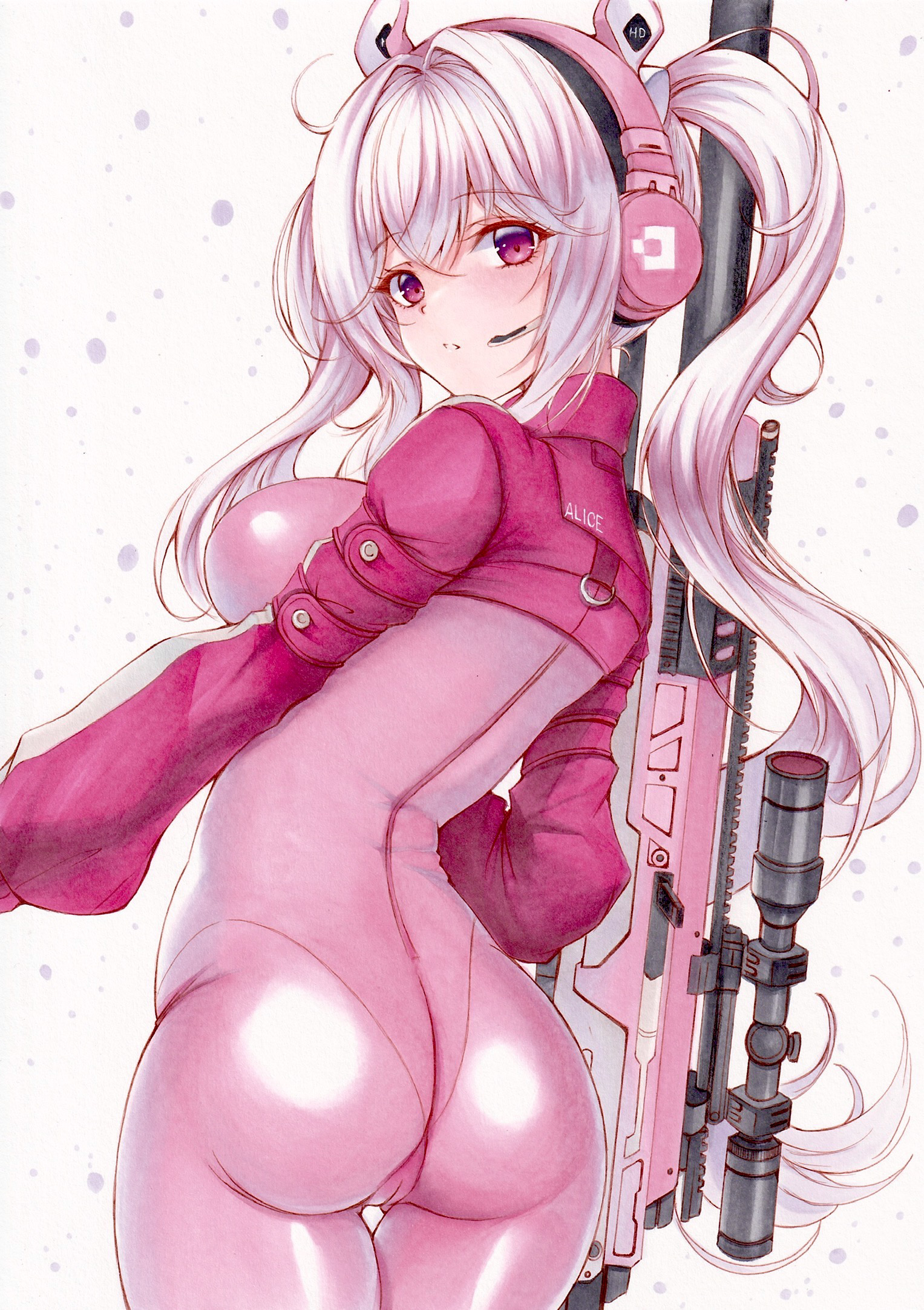 1girls, alice (nikke), arched back, ass, ass focus, bodysuit, breasts, cameltoe, female, female only, from behind, fully clothed, goddess of victory: nikke, looking at viewer, looking back, pink eyes, pussy, tight clothing, twintails, white background, white hair