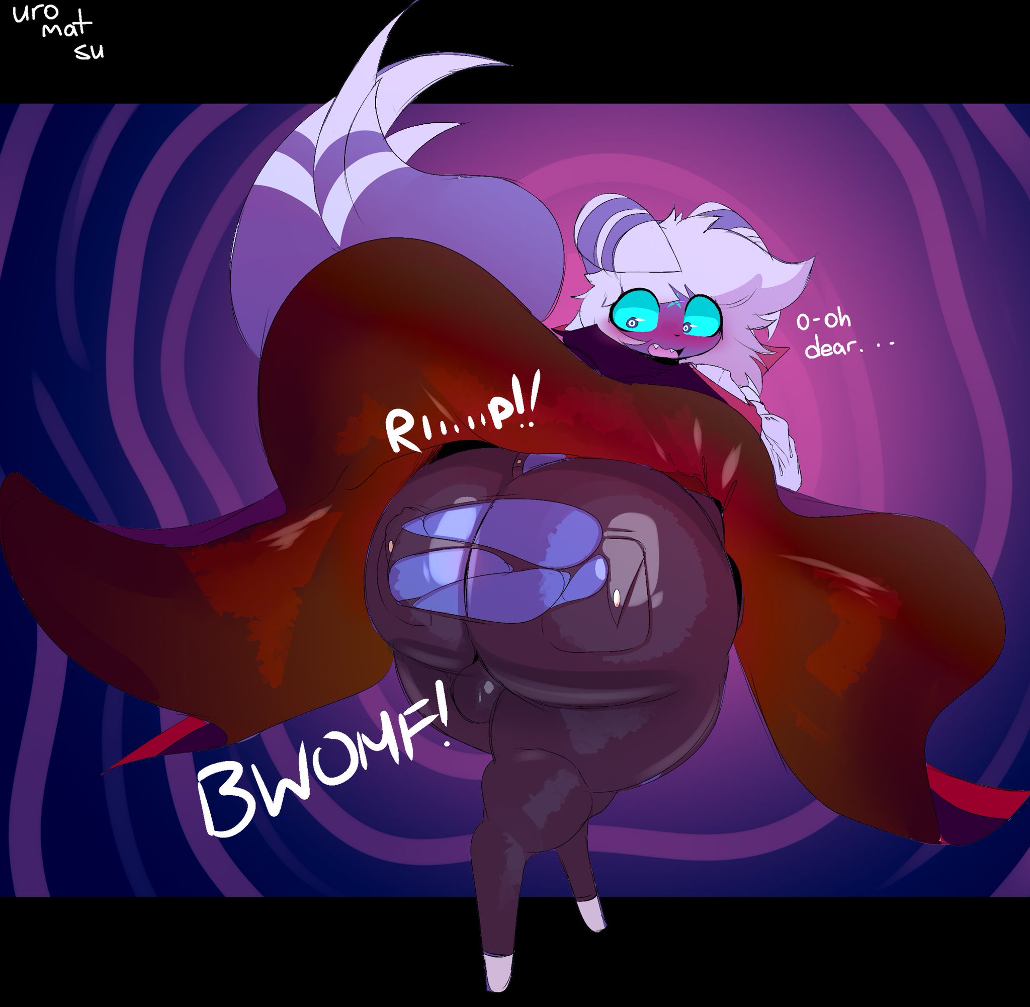 1boy, alternate version available, anthro, ass, ass bigger than head, ass focus, balls, behind view, big ass, big butt, blue eyes, bubble ass, bubble butt, femboy, furry, game freak, girly, hi res, huge ass, looking back, male, male only, meowstic, nintendo, open mouth, pokemon, ripped clothing, ripped pants, shocked, shocked expression, solo, solo male, tagme, tail, tearing open bottoms, thick thighs, torn open bottoms, uromatsu, wardrobe malfunction, white hair, wide eyed