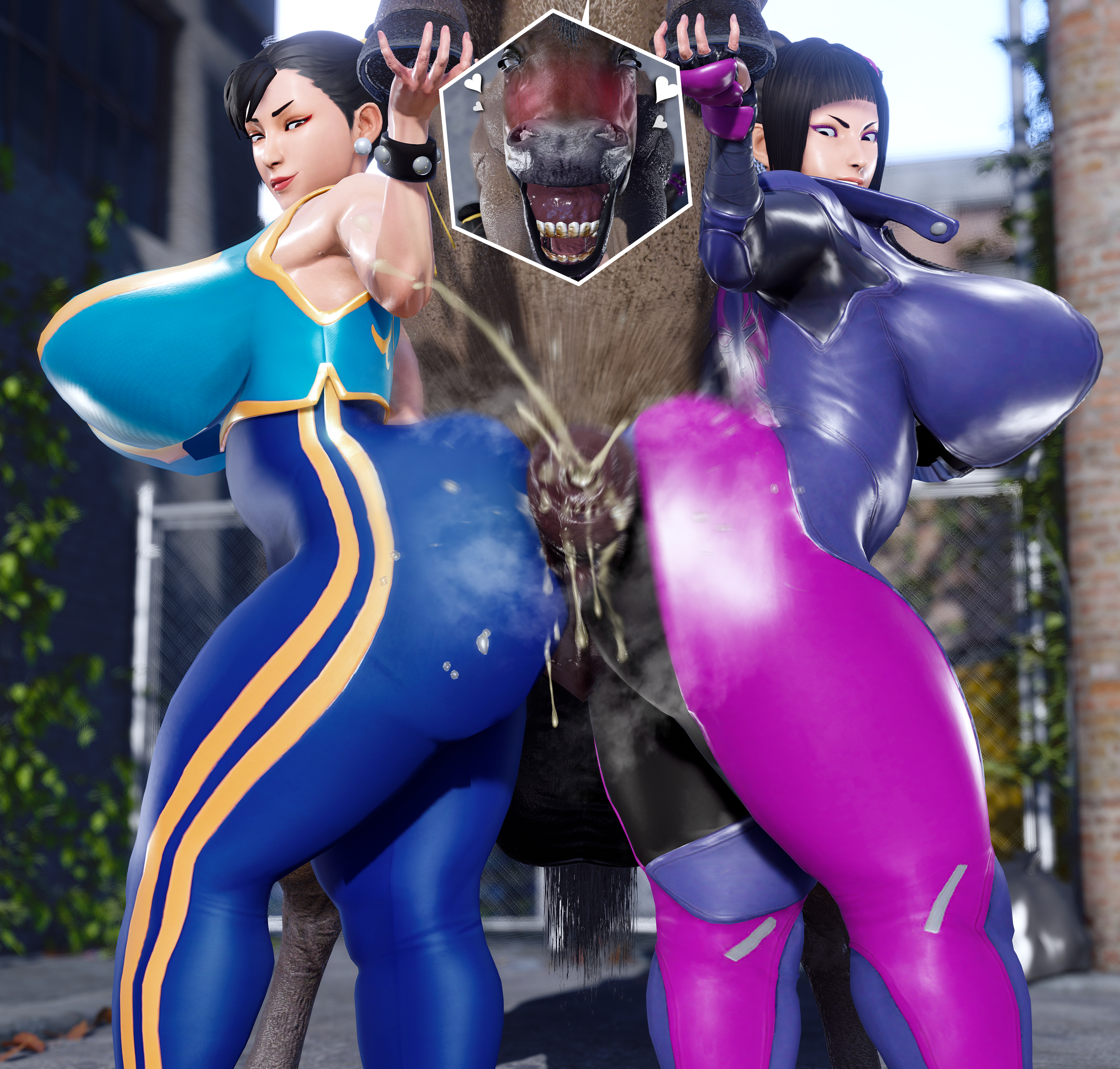 1boy, 2girls, 3d, ass, big ass, capcom, chun-li, cum, female, hex3d, horse, horsecock, huge ass, human, juri han, male, multiple females, multiple girls, penis, street fighter, street fighter alpha, street fighter v, ugly horse, venus body, zoophilia