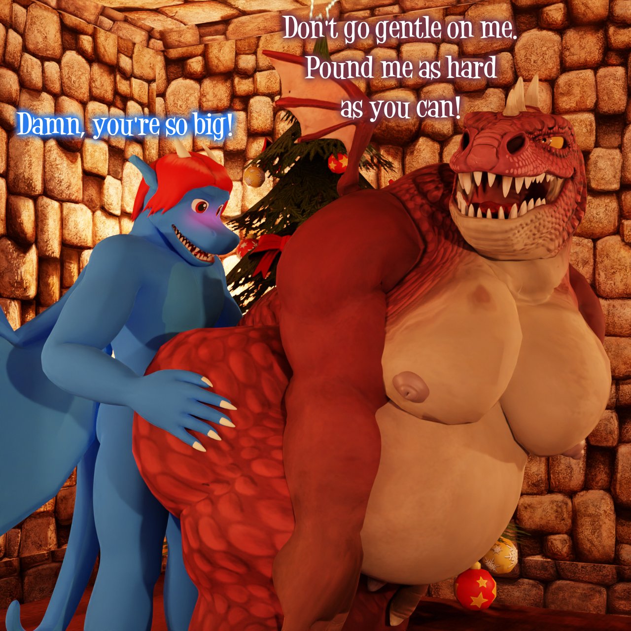 2022 3d_(artwork) albalbalb alby_(albalbalb) anthro ass belly big_belly big_butt big_pecs blue_body blue_scales blush carpet christmas christmas_tree digital_media_(artwork) dragon duo english_text giana_sisters gurglewocky_(giana_sisters) hair hand_on_butt hand_on_knee hand_on_leg hi_res holidays horn inside looking_at_another looking_back looking_back_at_another looking_back_at_partner male male/male musclegut muscular muscular_anthro muscular_male mythological_creature mythological_scalie mythology nipples pecs plant red_body red_eyes red_hair red_scales scales scalie size_difference small_dom_big_sub standing tail tan_body tan_scales text tree wall_(structure) wings yellow_eyes